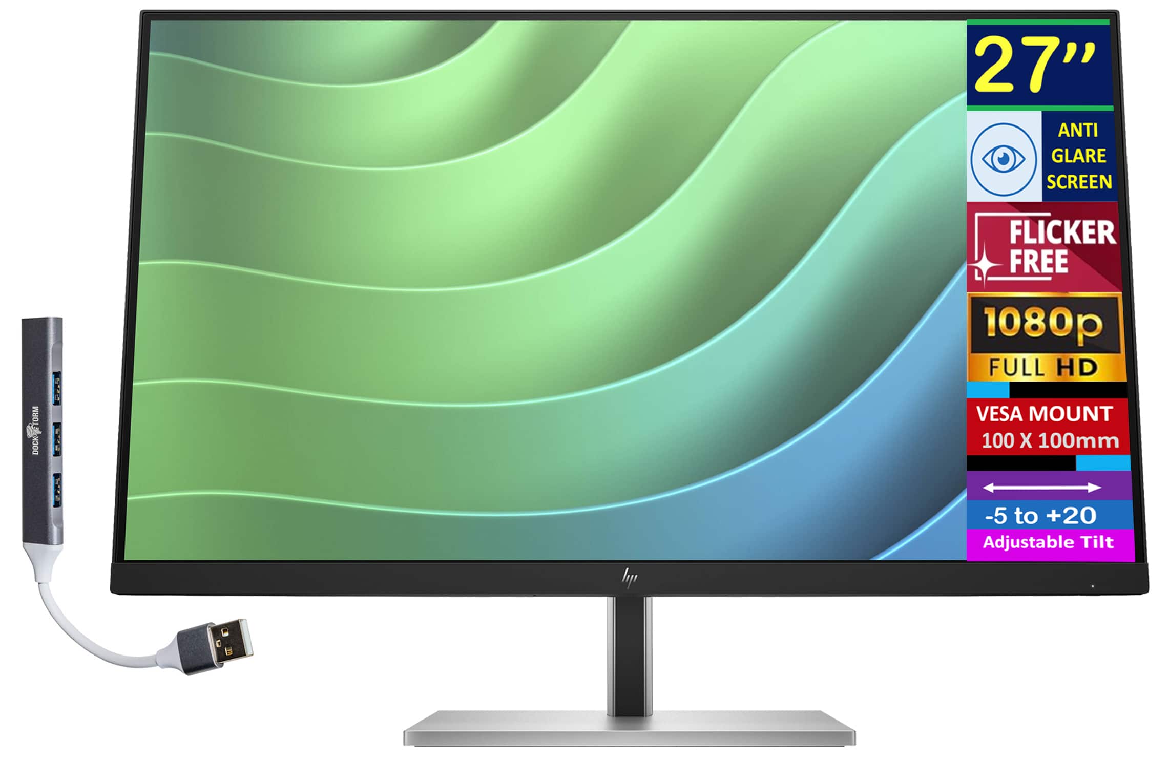 HP - 27" FHD IPS Monitor, Anti-Glare, Flicker Free, 300nits Brightness, VESA Mount, HDMI & DKZ Hub, Color - Black/Silver
