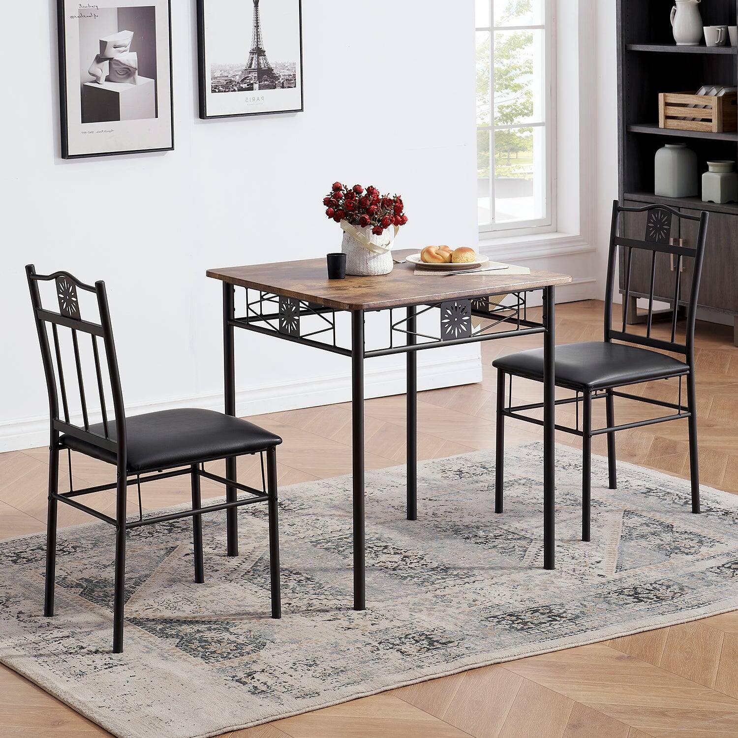 Front. Vecelo - Set Of 3 Wood Top Dining Set - With 4 Pu Leather Upholstered Dining Chairs, 275lb Capacity & Steel Frame - Brown.
