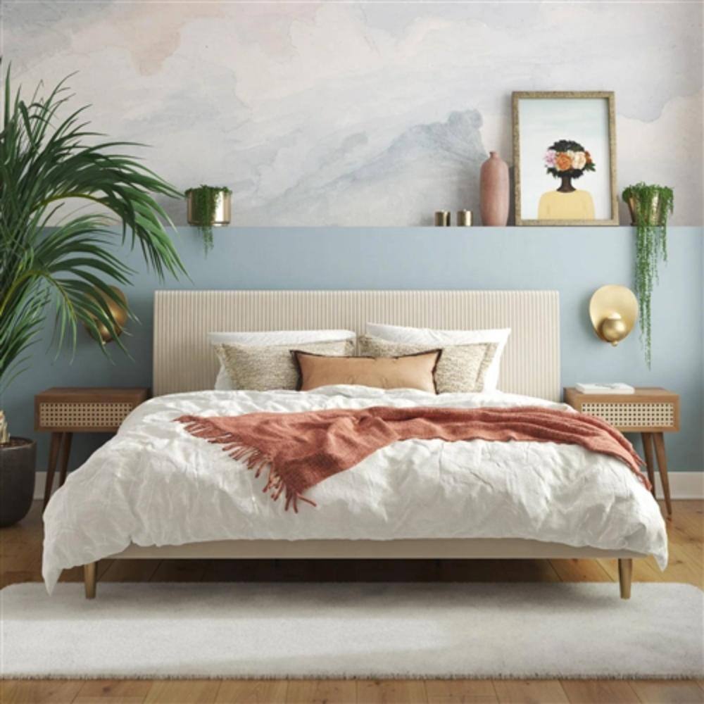 Angle. Hivvago - King Mid-Century Off-White Velvet Upholstered Platform Bed Frame with Headboard - Off-White.