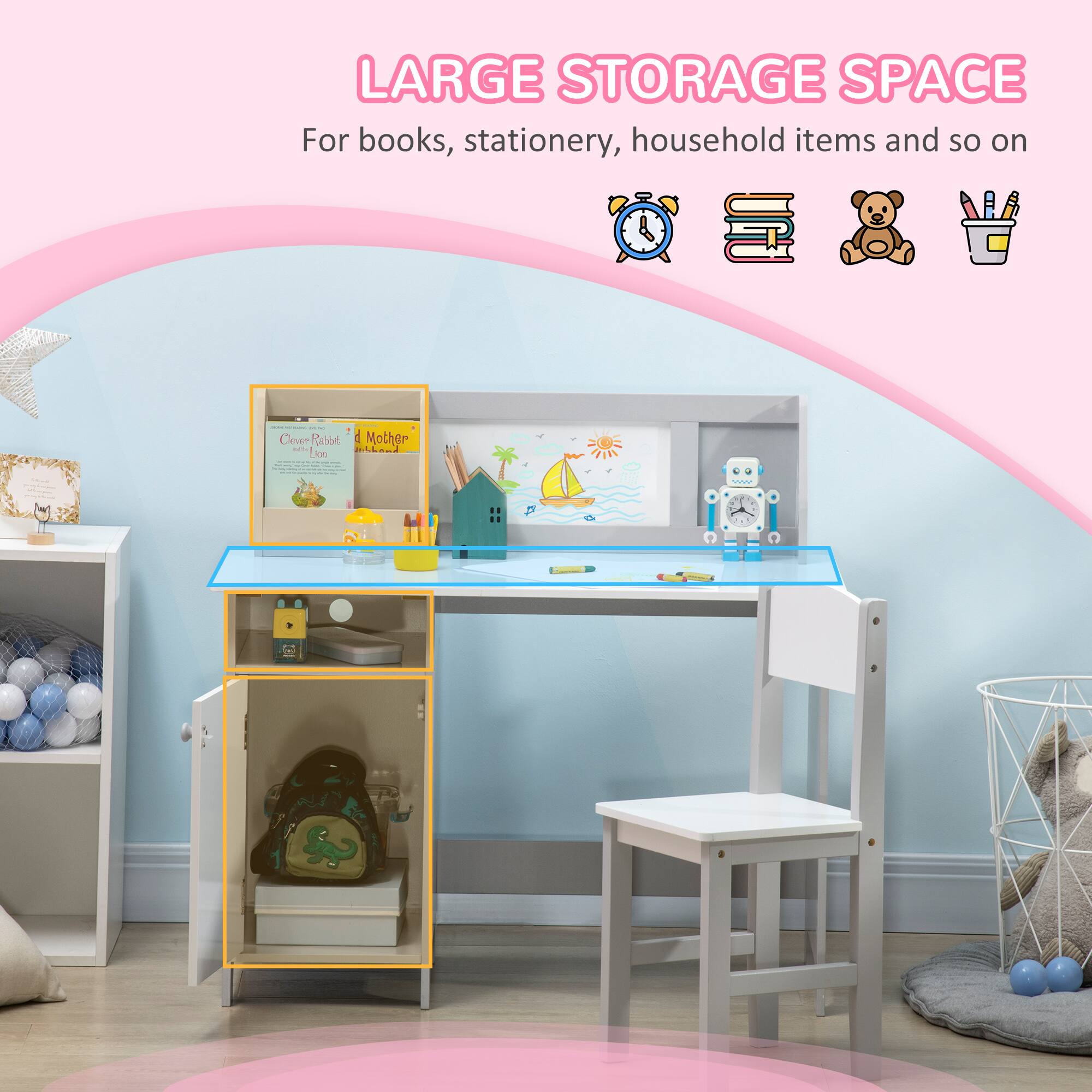 LARGE STORAGE SPACE  
For books, stationery, household items and so on