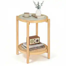 Gymax - 2-Tier Round Side Table w/Tempered Glass Top Storage Shelf Acacia Wood Legs Natural - Yellow
