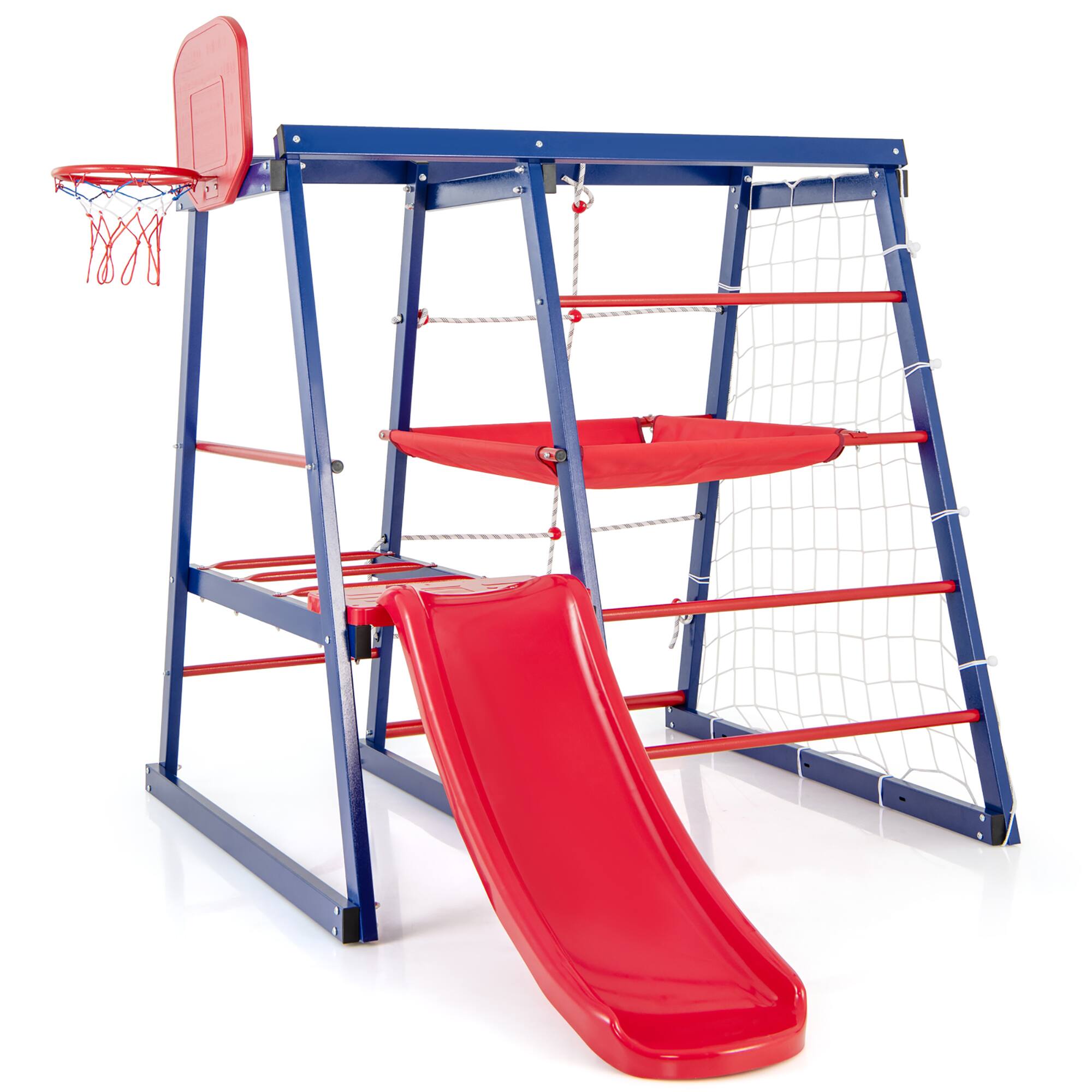 Front. Gymax - Gymax 7-In-1 Kids Indoor Playground w/ Slide Climbing Net Crowling Ladder Rope Ladder - Red, Blue.