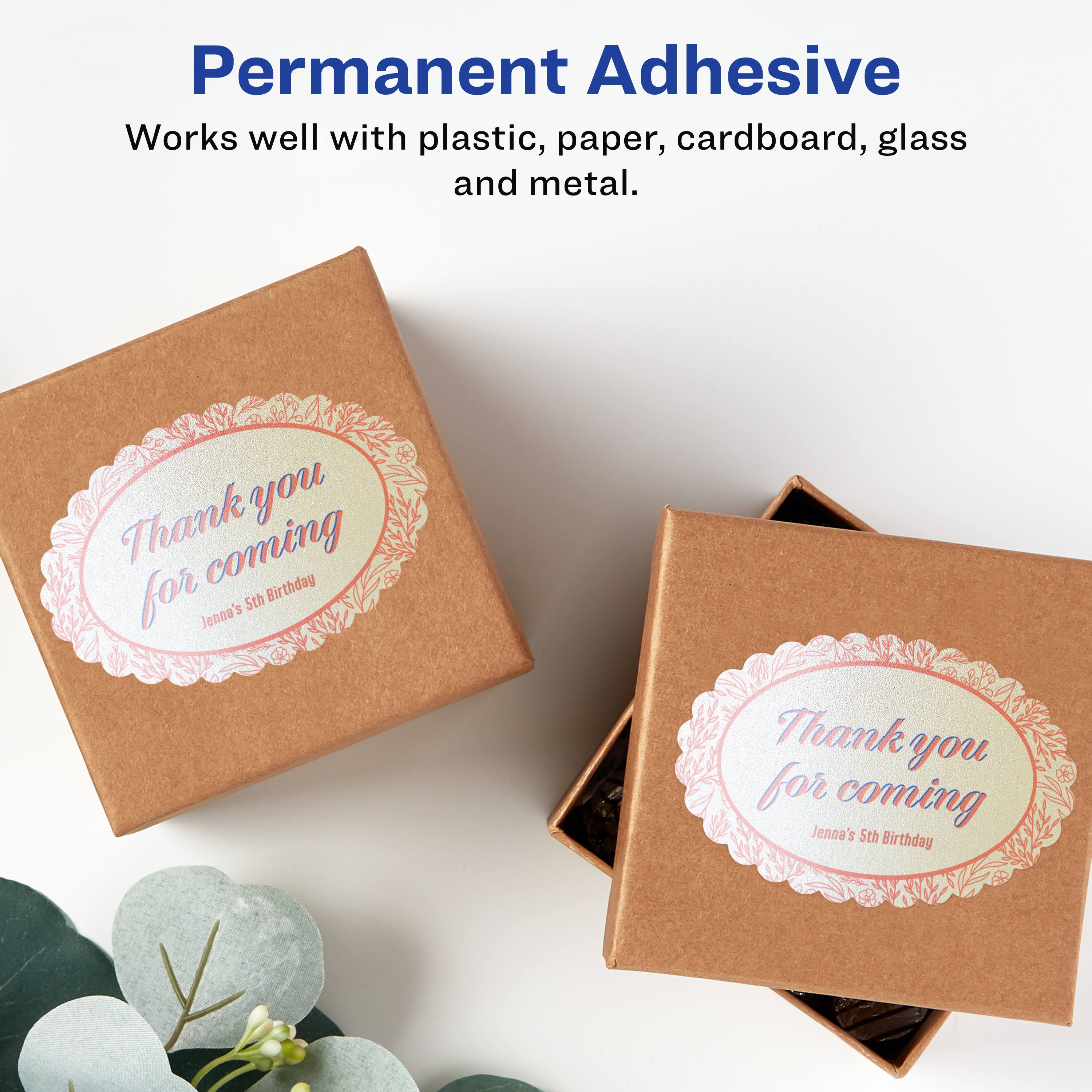 Permanent Adhesive  
Works well with plastic, paper, cardboard, glass and metal.  

Thank you for coming  
Jenna's 5th Birthday