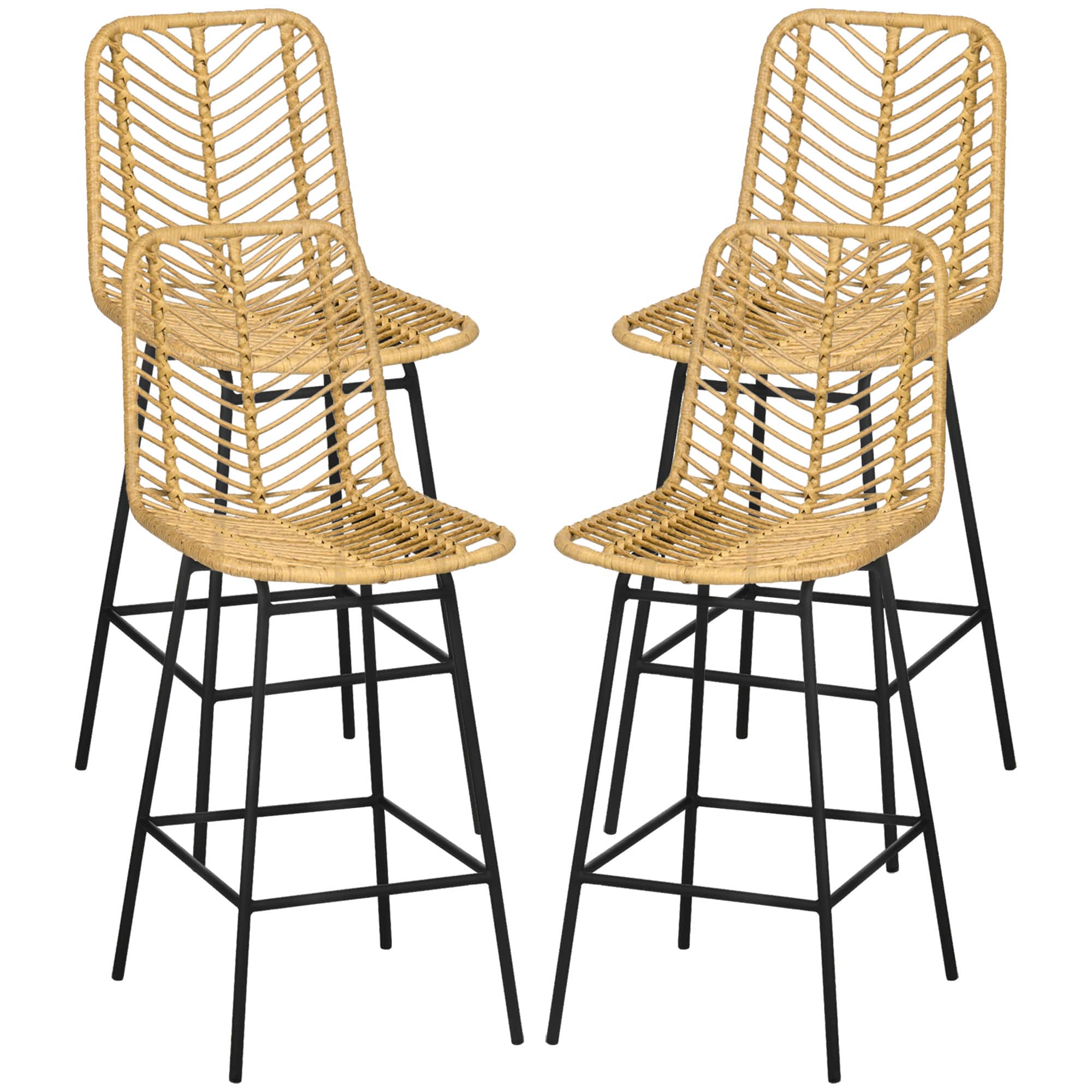 Homcom - of 4 Rattan Barstools Wicker Counter Stools with Steel Legs and Footrest for Dining Room Kitchen Pub - Yellow