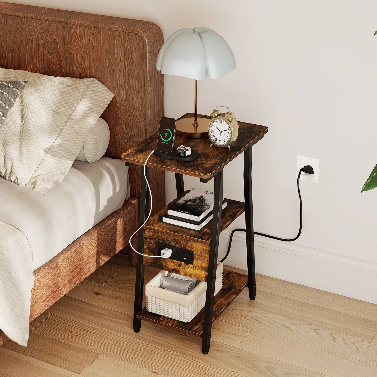 Alt View 1. Costway - Costway 2 PCS Industrial Side Tables with Charging Station, 3-Tier End Table with Metal Frame - Rustic Brown & Black.