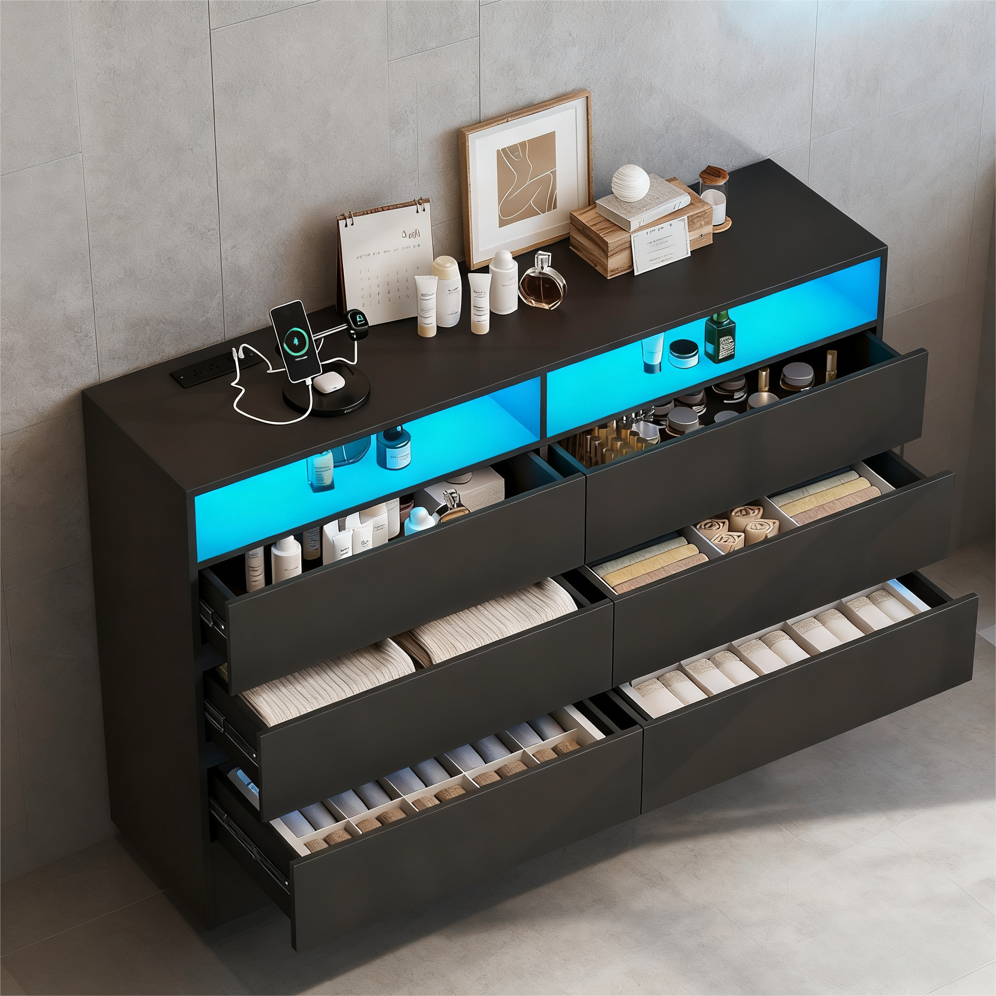 Front. Dyonery - Dyonery three-fold slide rail, 6-drawer cabinet, double-compartment open storage area on the top, with lighting and usb - Black.