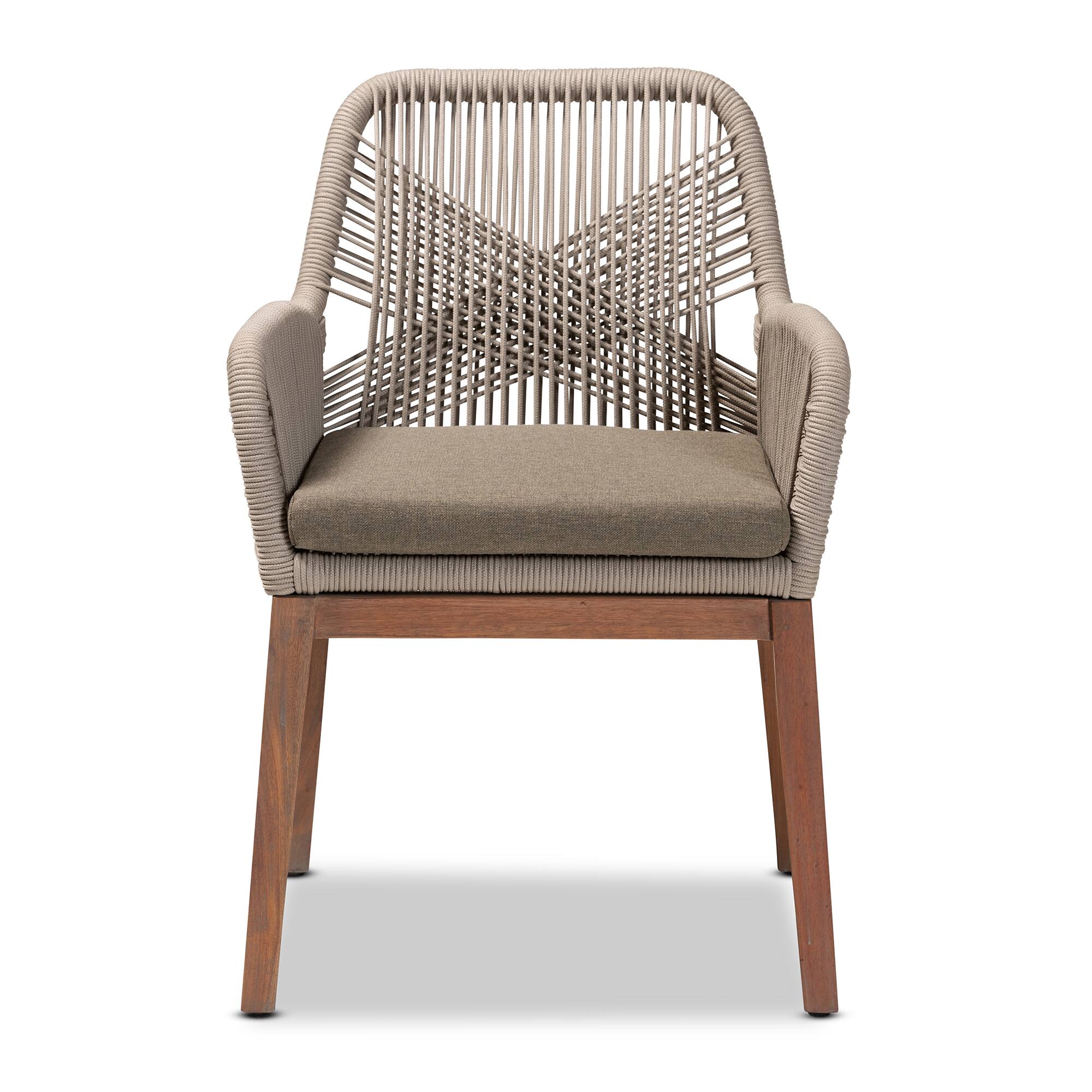 Angle. bali & pari - Jennifer Mid-Century Transitional Woven Rope Mahogany Dining Arm Chair - Grey/Walnut Brown.