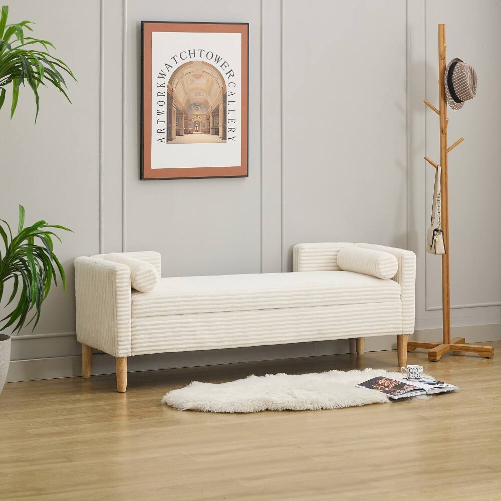 Back. Ropilly - Ropilly 64.7 Inch Ivory Corduroy Flip Top Storage Bench with Backrest and Armrests - Ivory.