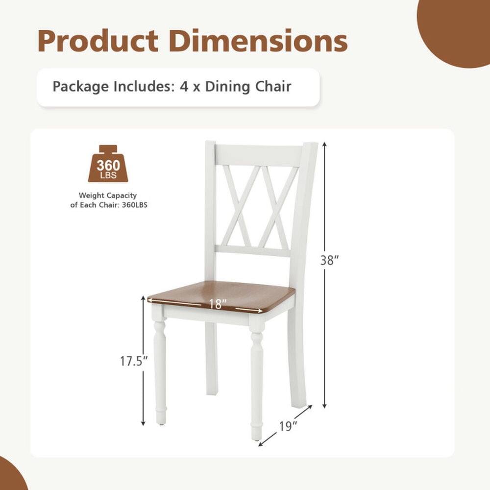 Product Dimensions  
Package Includes: 4 x Dining Chair  
Weight Capacity of Each Chair: 360LBS  
38" x 18" x 17.5" x 19"