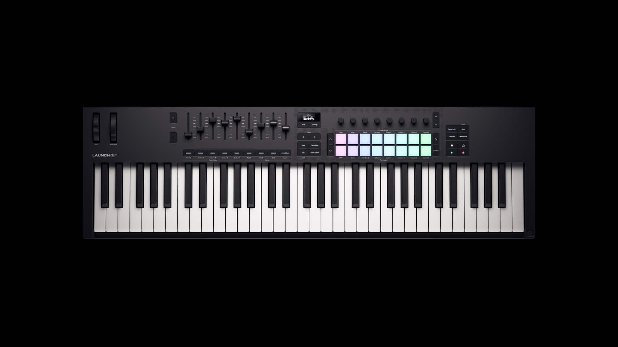 The text on the image reads:
"Launchkey 49 MIDI Keyboard Controller with 16 Pads and 8 Knobs"