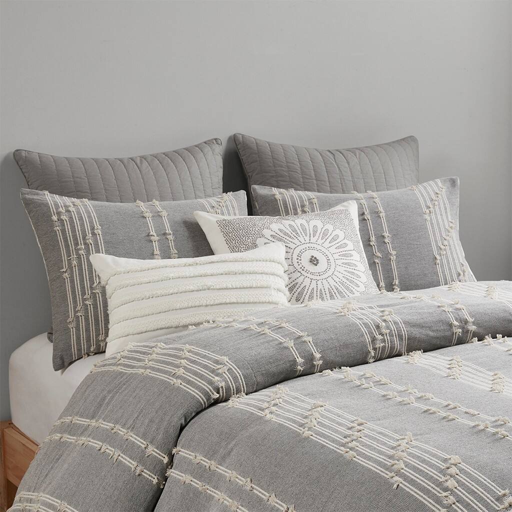 Alt View 2. Gracie Mills - Gracie Mills Trujillo 3-Piece Embroidered Stripes Cotton Jacquard Duvet Cover Set - Gray.