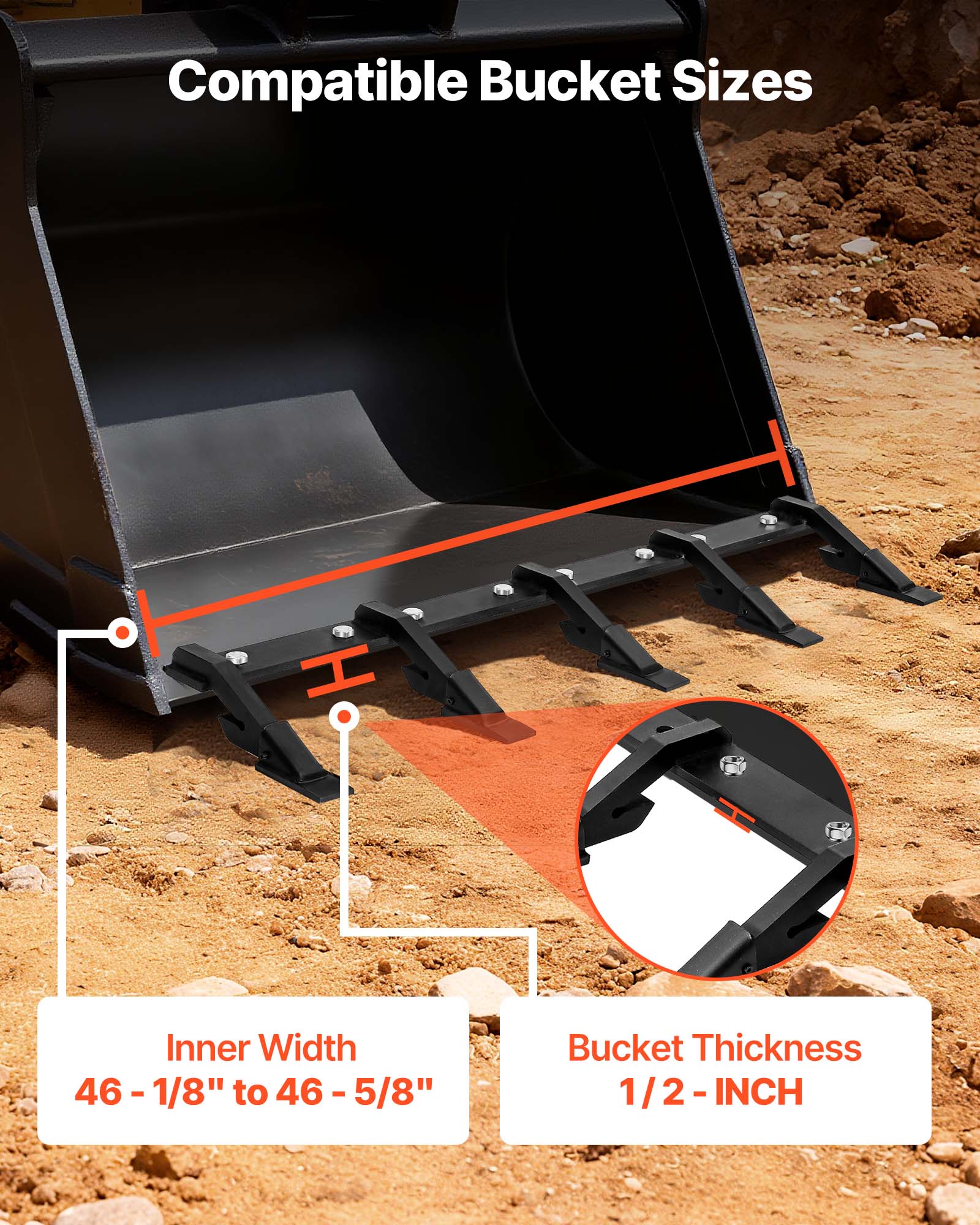 Compatible Bucket Sizes

Inner Width: 46 - 1/8" to 46 - 5/8"

Bucket Thickness: 1/2 - INCH