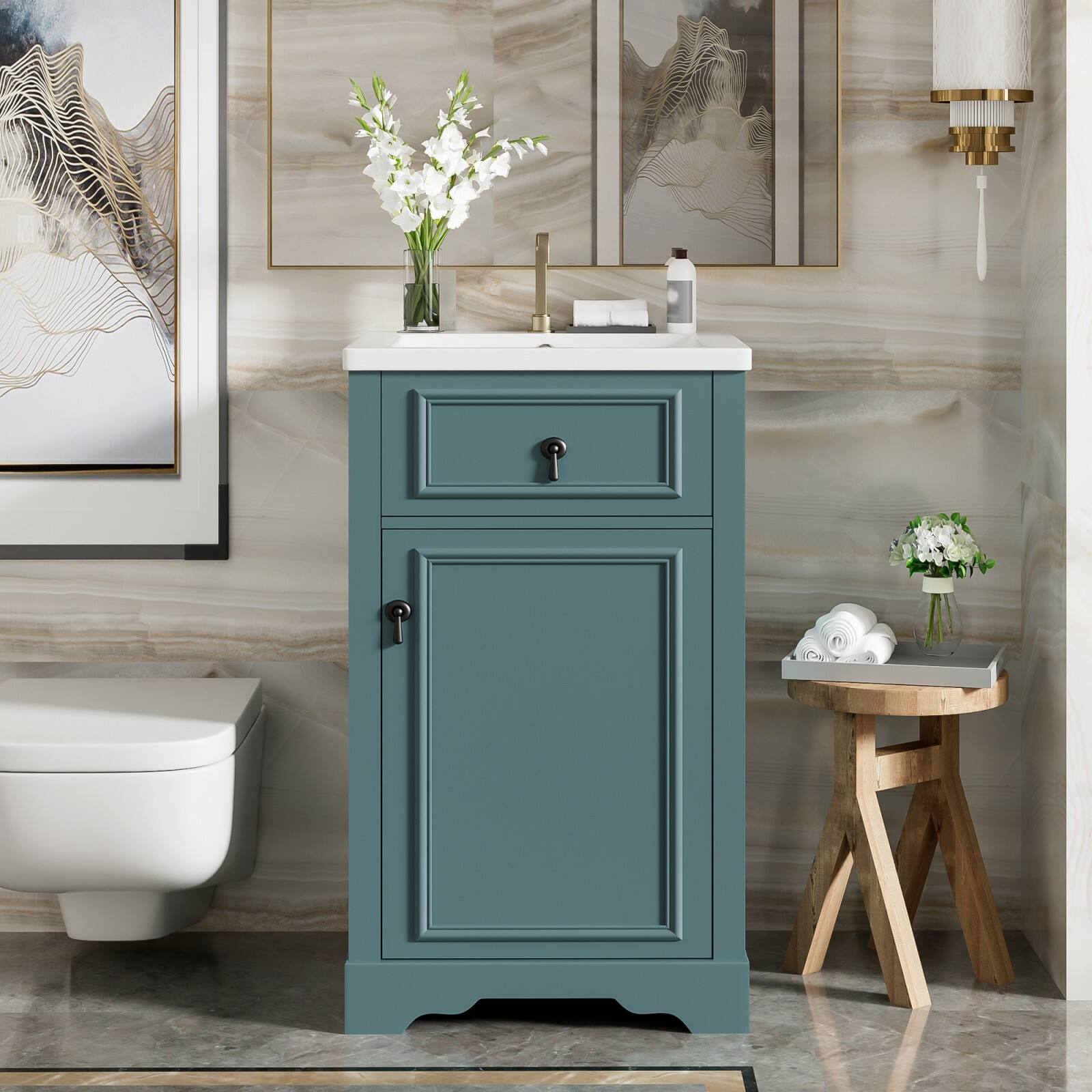 Alt View 10. Glintex - 20-Inch Bathroom Vanity with Ceramic Sink, Soft Close Door, Adjustable Shelf and Door- Ideal for Small Bathrooms - Green.