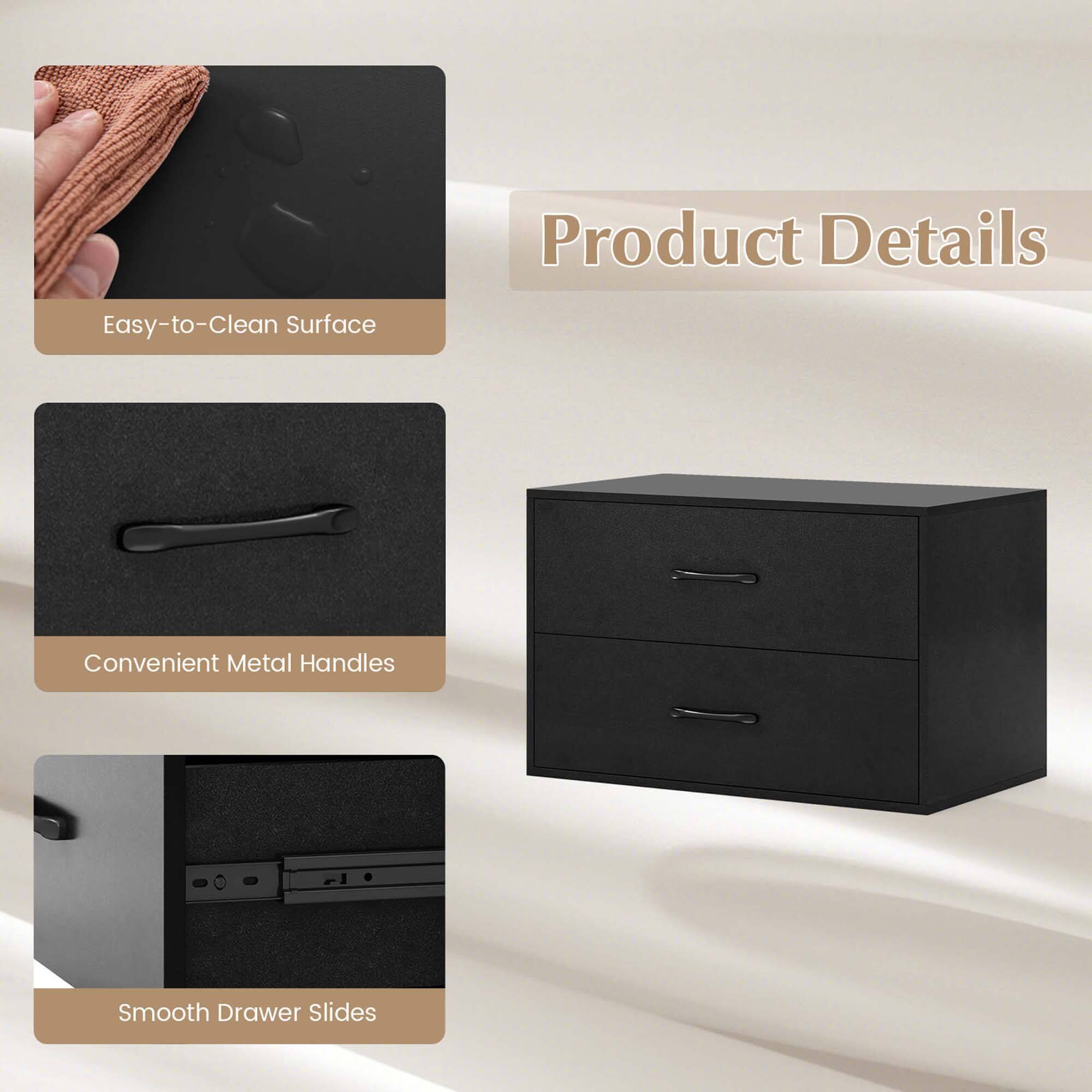 Product Details: Easy-to-clean surface, convenient metal handles, and smooth drawer slides.