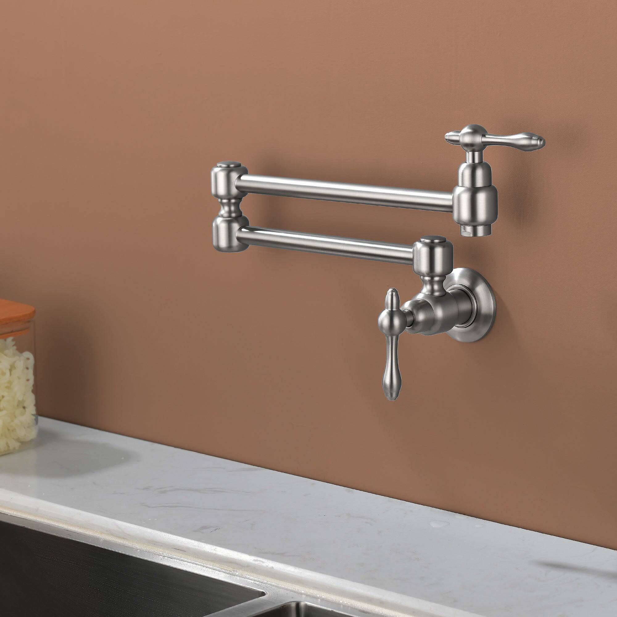 Alt View 8. Boyel Living - Brushed Nickel Wall Mounted Double Handle Pot Filler 1.8 GPM with Ceramic Cartridge and Mounting Hardware - Brushed Nickel.