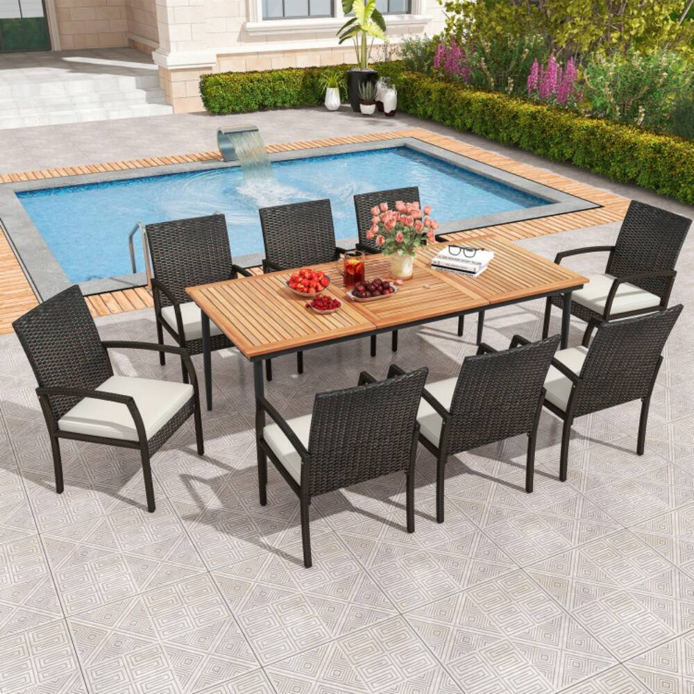 Left. Mondawe - 9-Piece Patio Dining Set with Umbrella Hole and 8 Rattan-woven Dining Chairs with Seat Cushions - Black.