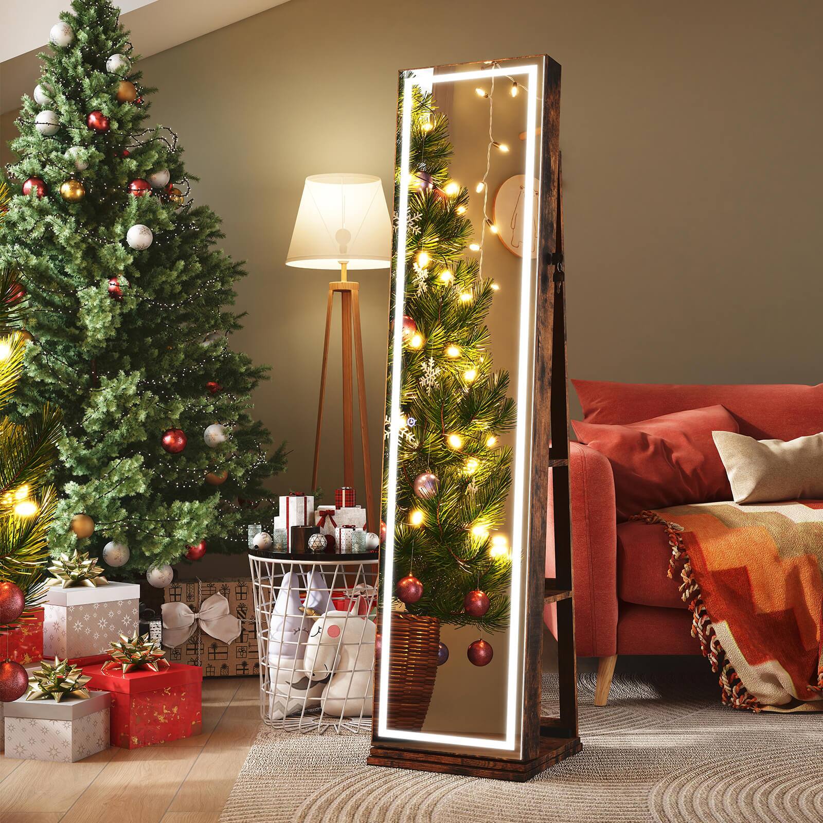 Alt View 1. Costway - Costway 360° Swivel Jewelry Cabinet with Lighted Full Length Mirror & Back Shelves, Lights - Brown.