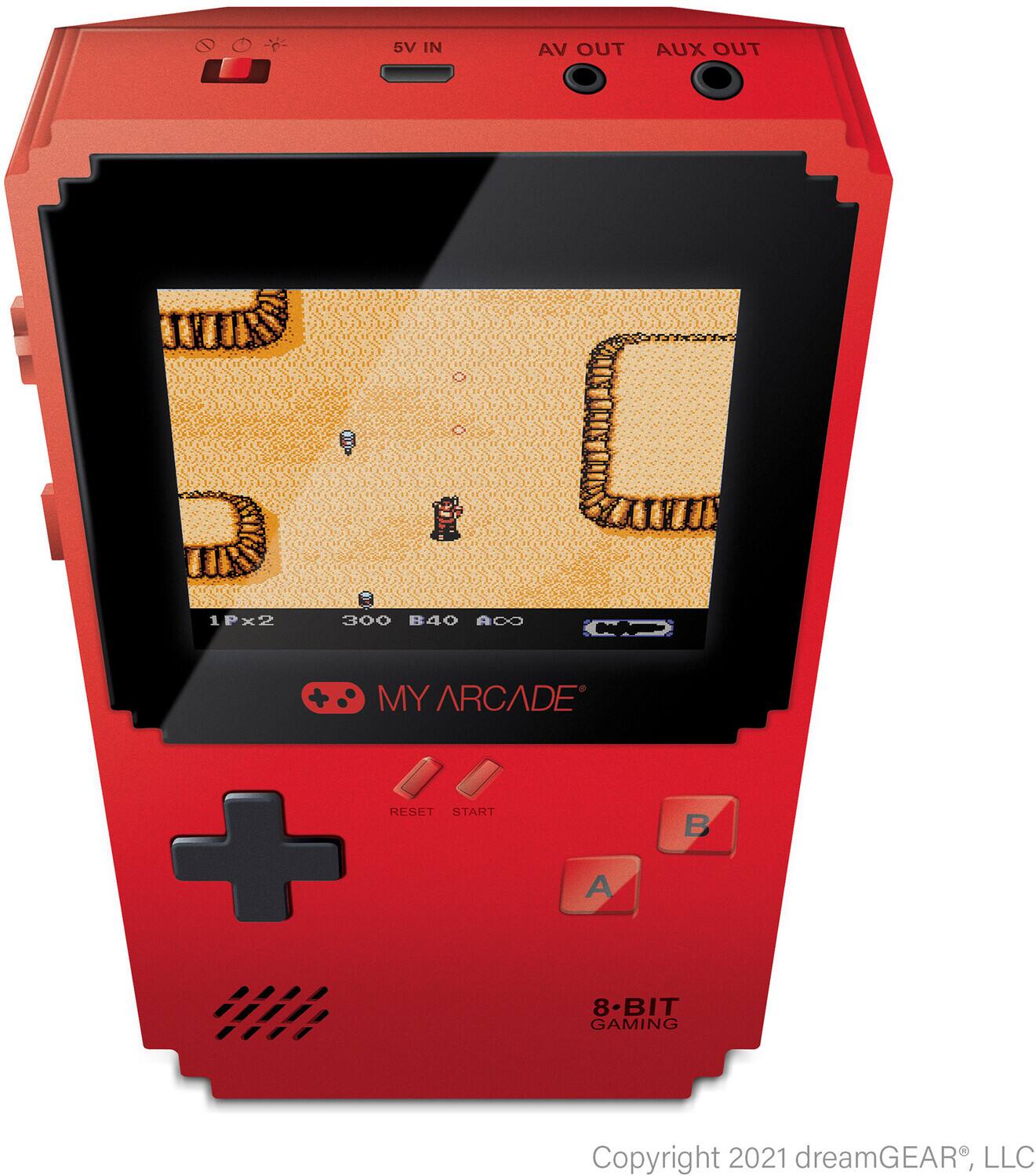 5V IN  
AV OUT  
AUX OUT  

1P x 2  
300  
B40  
ACO  

MY ARCADE  

RESET  
START  
A  
B  

8-BIT GAMING  

Copyright 2021 dreamGEAR®, LLC