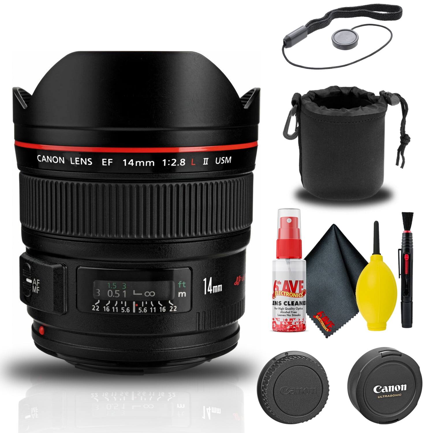 CANON LENS EF 14mm 1:2.8 L II USM AF MF  
3 22 1.5 3 ft 0.5 1 8 m  
"I I I 16 11 5.6 5.6 11 16 22 14mm  
AVE ELECTRONICS LENS CLEANER  
Chrally  
s na iesals KAVE  
5 I 95 H e 3 jn < z 3 02 L FE 14mm W Caton Canon ULTRASOMMO"