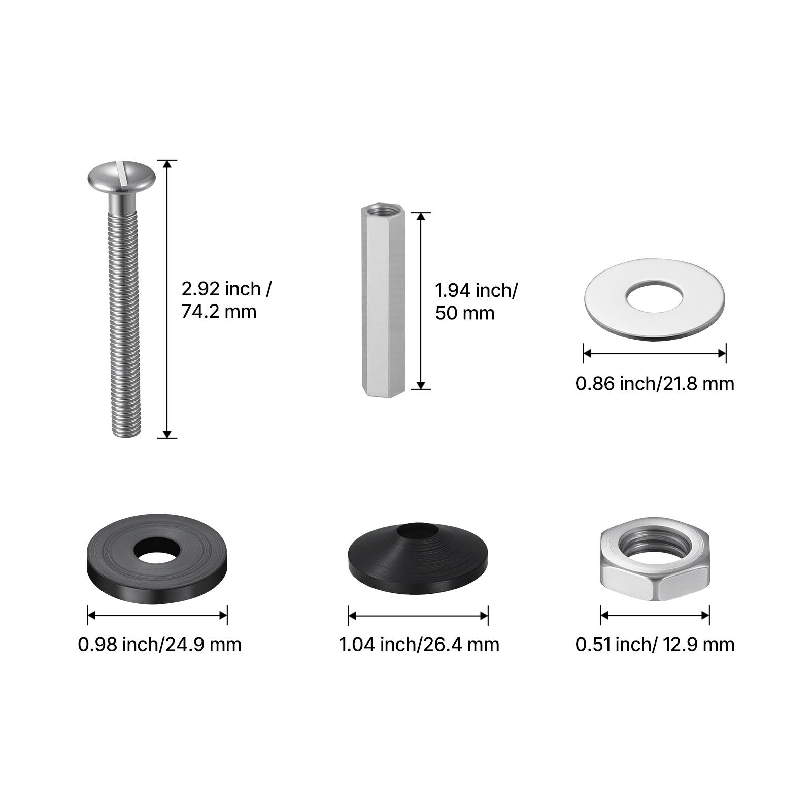 2.92 inch / 74.2 mm  
1.94 inch / 50 mm  
0.86 inch / 21.8 mm  
0.98 inch / 24.9 mm  
1.04 inch / 26.4 mm  
0.51 inch / 12.9 mm