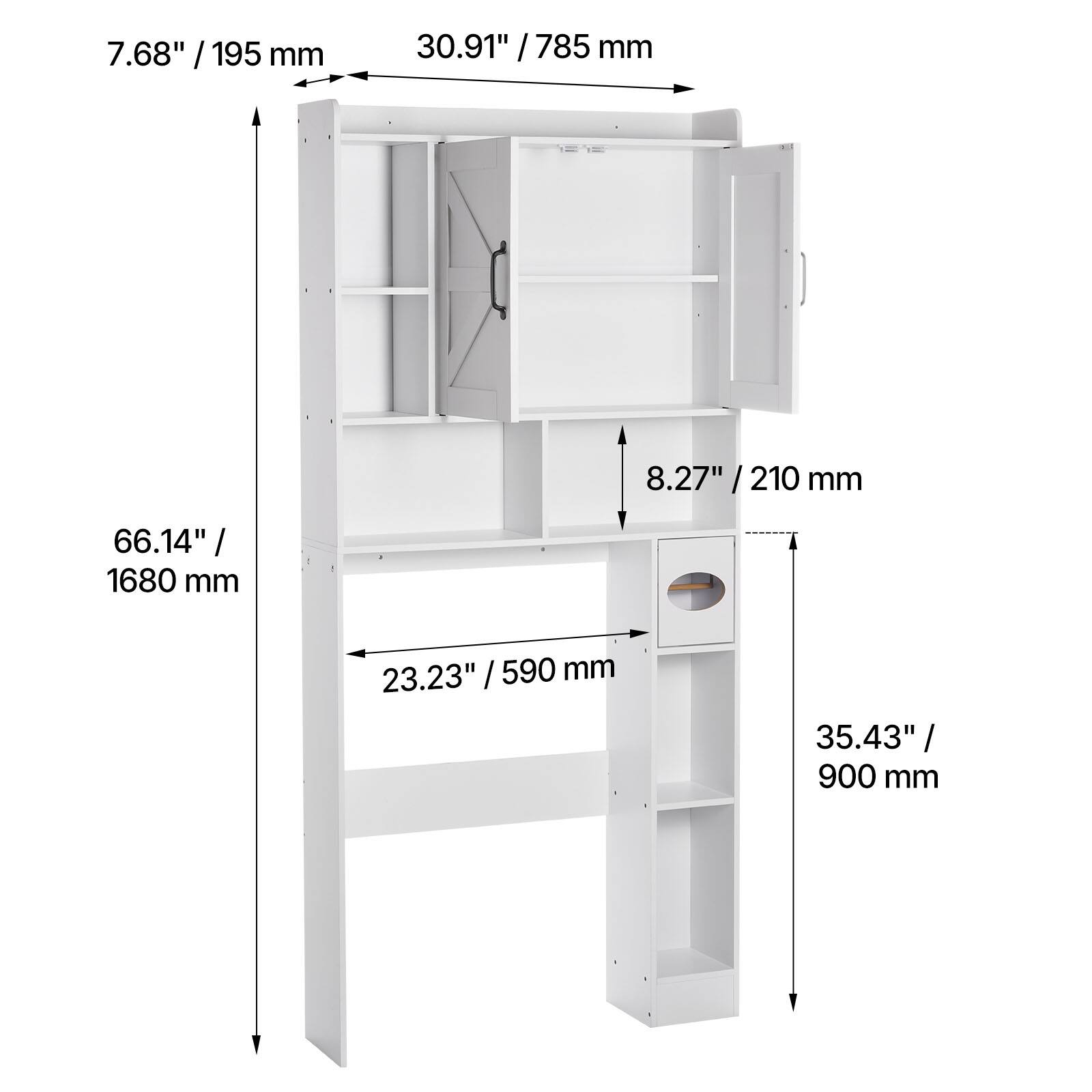 Here is the corrected and grouped text based on the image:

- 7.68" / 195 mm
- 30.91" / 785 mm
- 8.27" / 210 mm
- 66.14" / 1680 mm
- 23.23" / 590 mm
- 35.43" / 900 mm