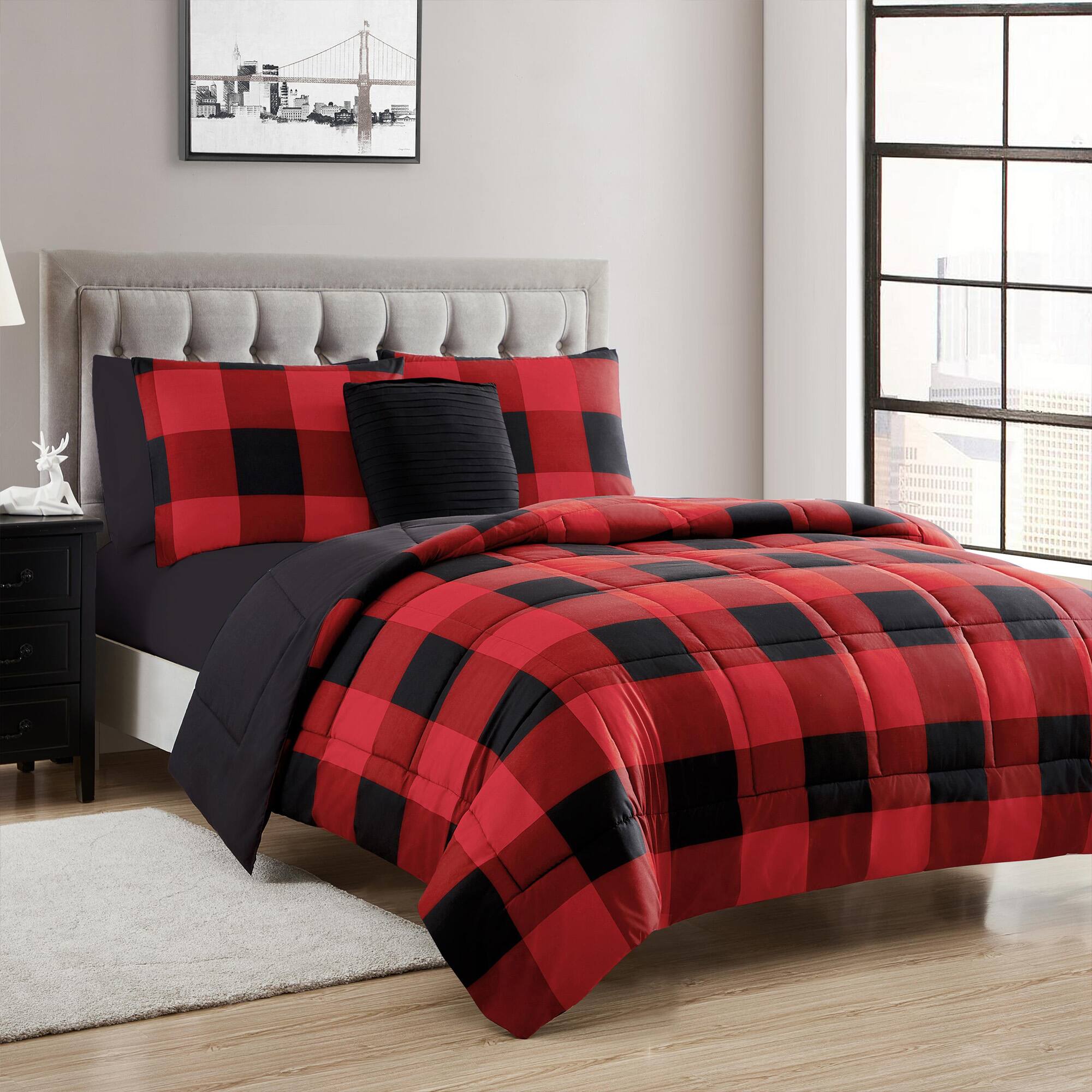 Sweet Home Collection - 8 Piece Buffalo Plaid Bed in a Bag Comforter and Sheet Set - Queen - Black/Red