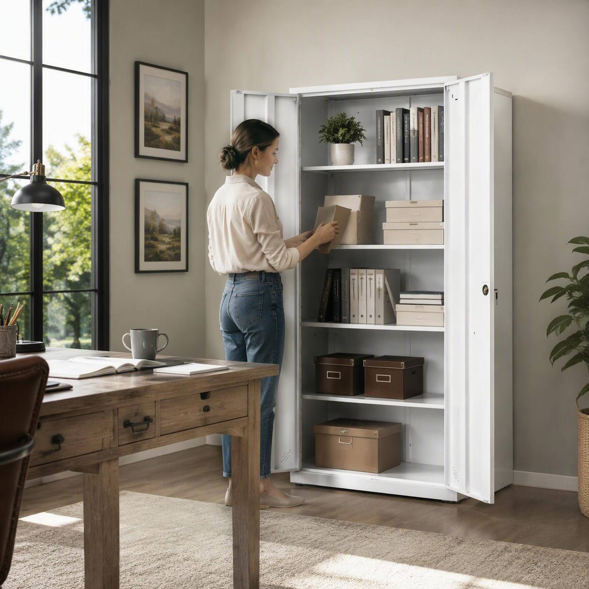 Back. RYHNUYNE - 72 in High Steel Storage Cabinet with 2 Doors and 4 Adjustable Shelves, Lockable Metal Cabinet with 5 Storage Spaces - White.