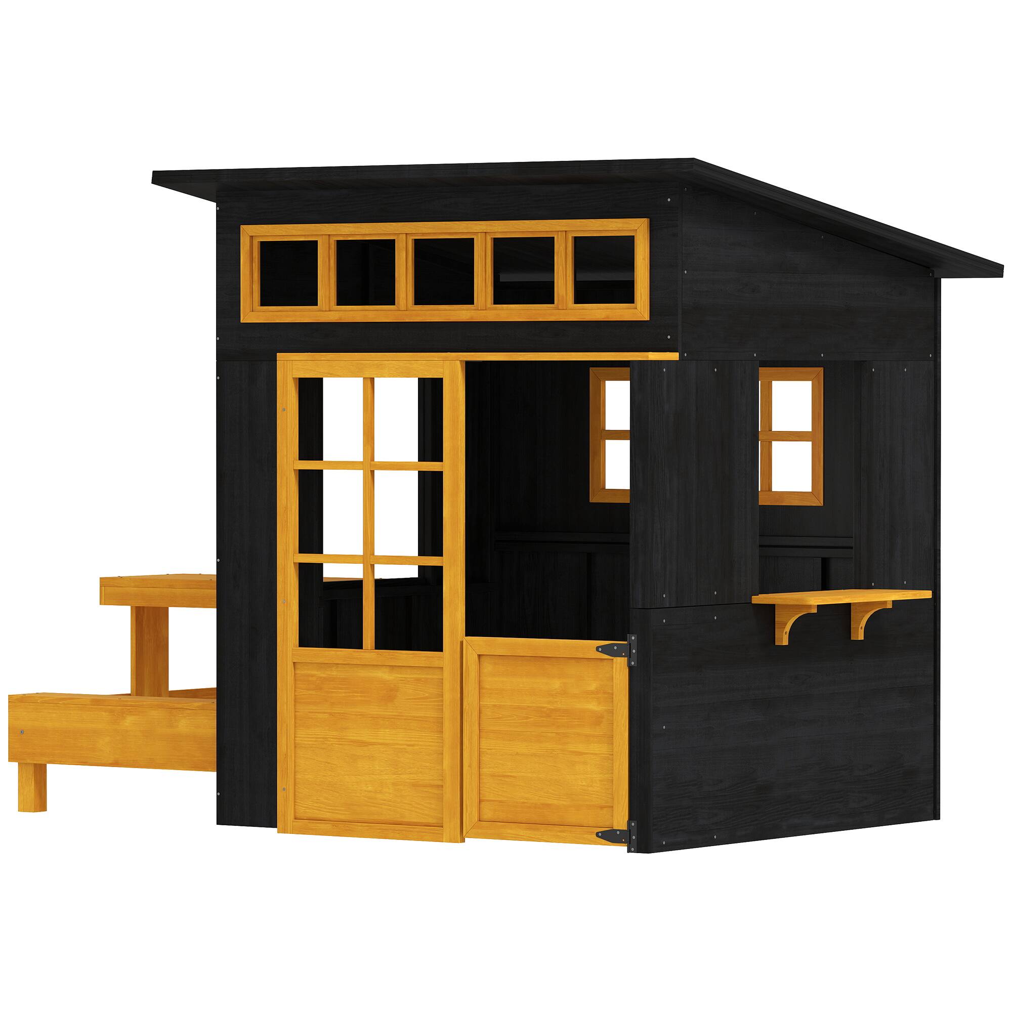 Qaba - Playhouse, Wooden Kids Playhouse w/ Picnic Table & Benches, Chalkboards, Half Door, Windows - Black
