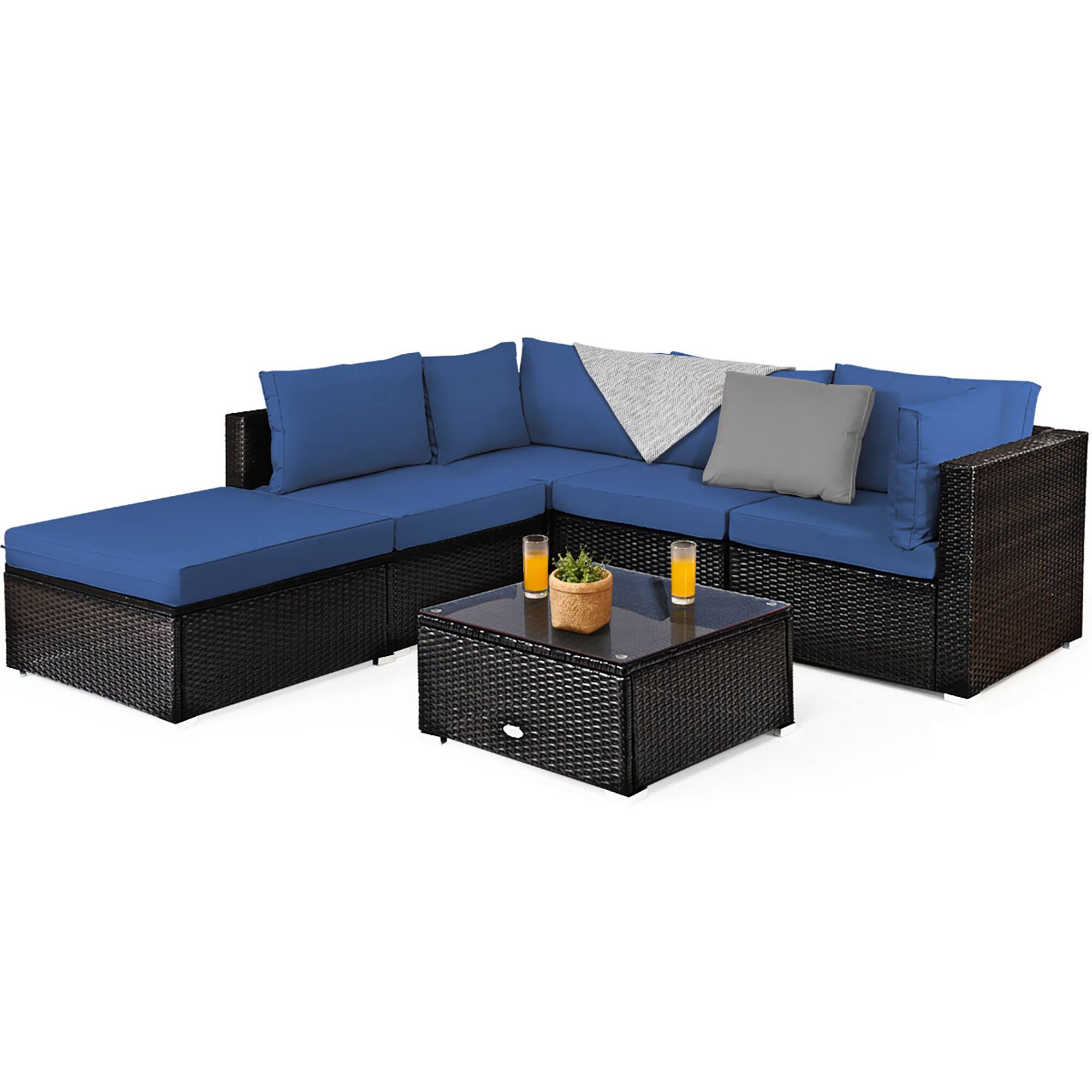 Alt View 9. Costway - Costway 6PCS Outdoor Patio Rattan Furniture Set Cushioned Sectional Sofa - Mix Brown/Navy.
