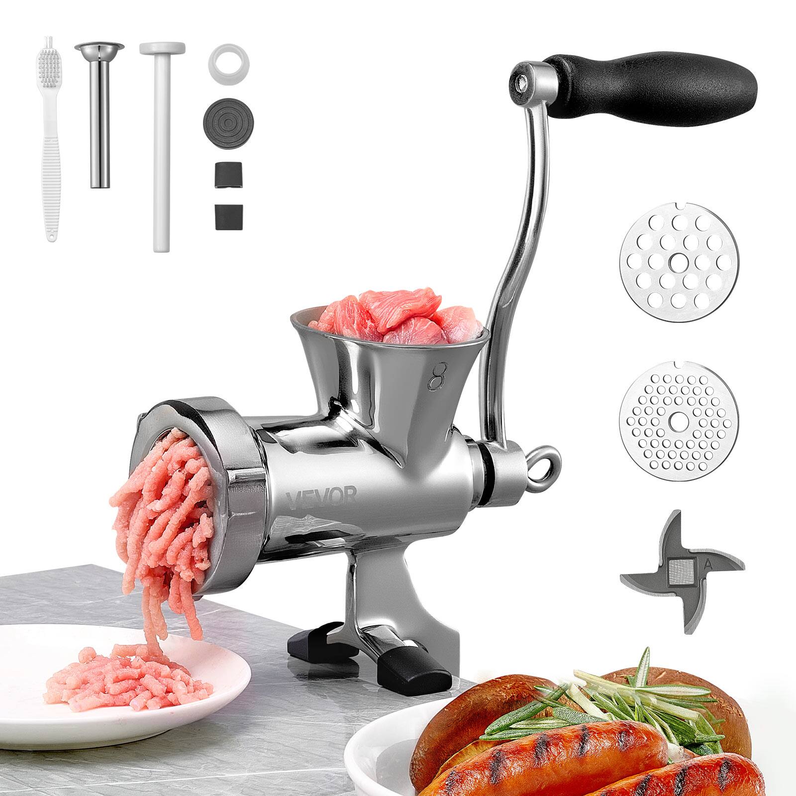 VEVOR - Manual Meat Grinder, 304 Stainless Steel Hand Crank Meat Mincer with Steel Table Clamp, Sausage Stuffer - Silver