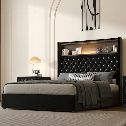 Front. GOODSILO - Luxurious Velvet Tufted Bed Frame with USB Port and Night Light, High Headboard Platform Bed - Black.