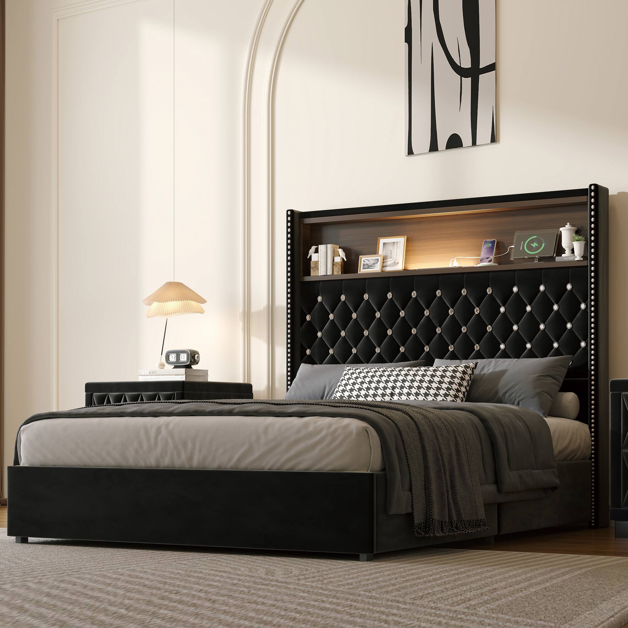 Front. GOODSILO - Luxurious Velvet Tufted Bed Frame with USB Port and Night Light, High Headboard Platform Bed - Black.