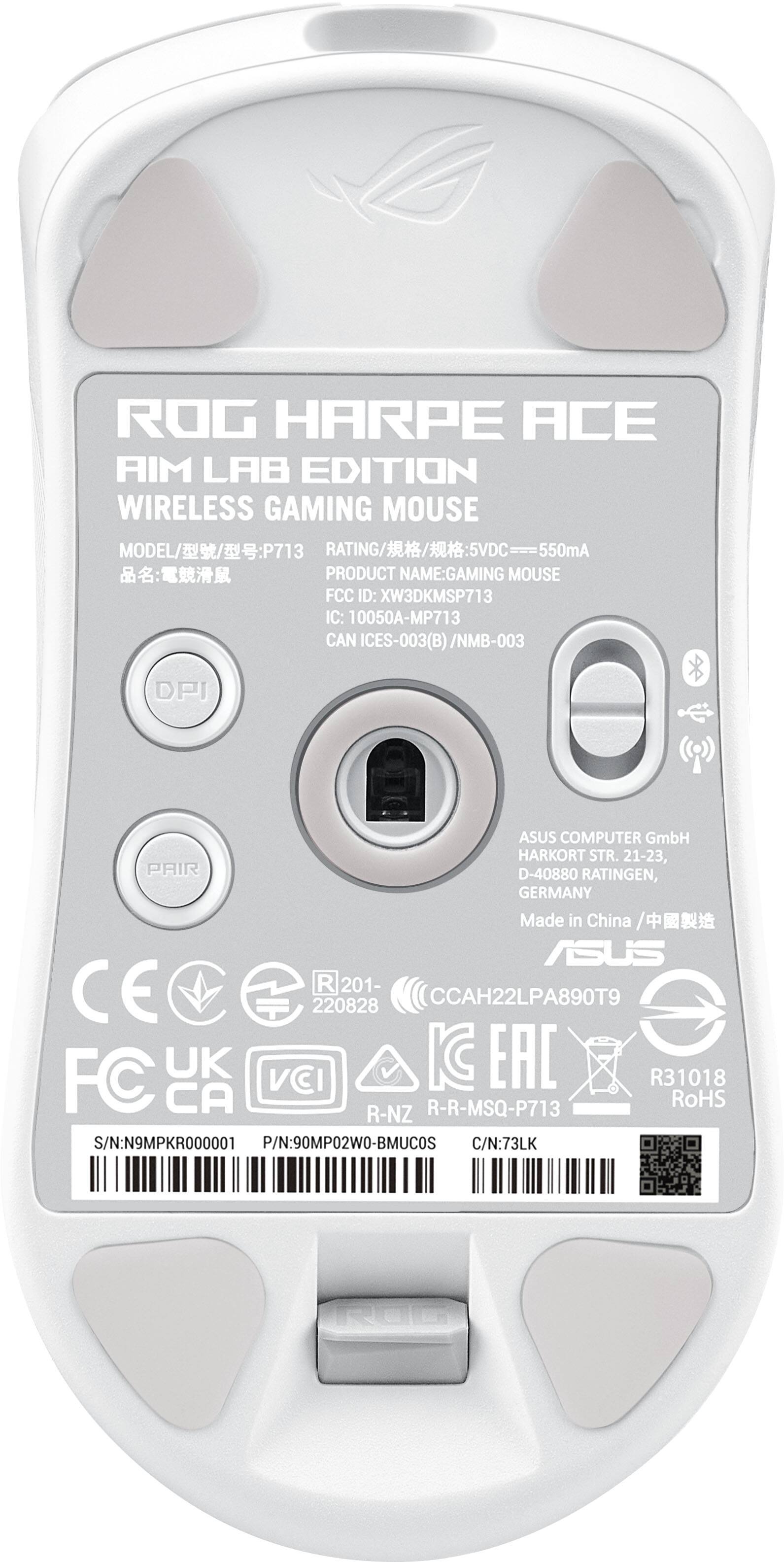 ROG Harpe ACE RIM LAB EDITION WIRELESS GAMING MOUSE MODEL//P713 RATING: 5VDC 5VDC 550mA PRODUCT NAME: GAMING MOUSE FCC ID: XW3DKMSP713 IC: 10050A-MP713 CAN ICES-003(B) /NMB-003 DPI ASUS COMPUTER GmbH HARKORT STR. 21-23, PAIR D-40880 RATINGEN, GERMANY Made in China / ASUS CE R 201- 220828 CCAH22LPA890T9 FC UK VCI IC EAC R31018 CA R-NZ R-R-MSQ-P713 RoHS S/N: N9MPKR000001 P/N: 90MP02WO-BMUCOS C/N: 73LK