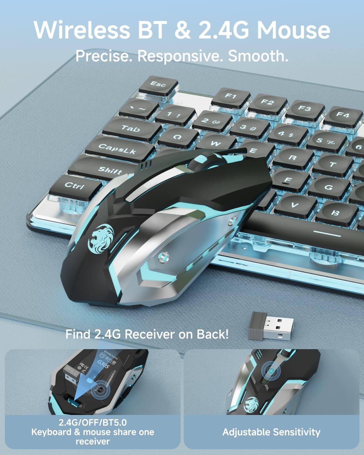 Wireless BT & 2.4G Mouse  
Precise. Responsive. Smooth.

Find 2.4G Receiver on Back!

2.4G/OFF/BT5.0  
Keyboard & mouse share one receiver

Adjustable Sensitivity