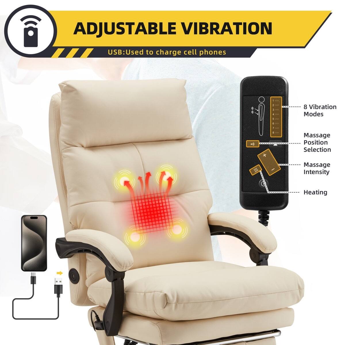 ADJUSTABLE VIBRATION  
USB: Used to charge cell phones  

- 8 Vibration Modes  
- Massage Position Selection  
- Massage Intensity  
- Heating