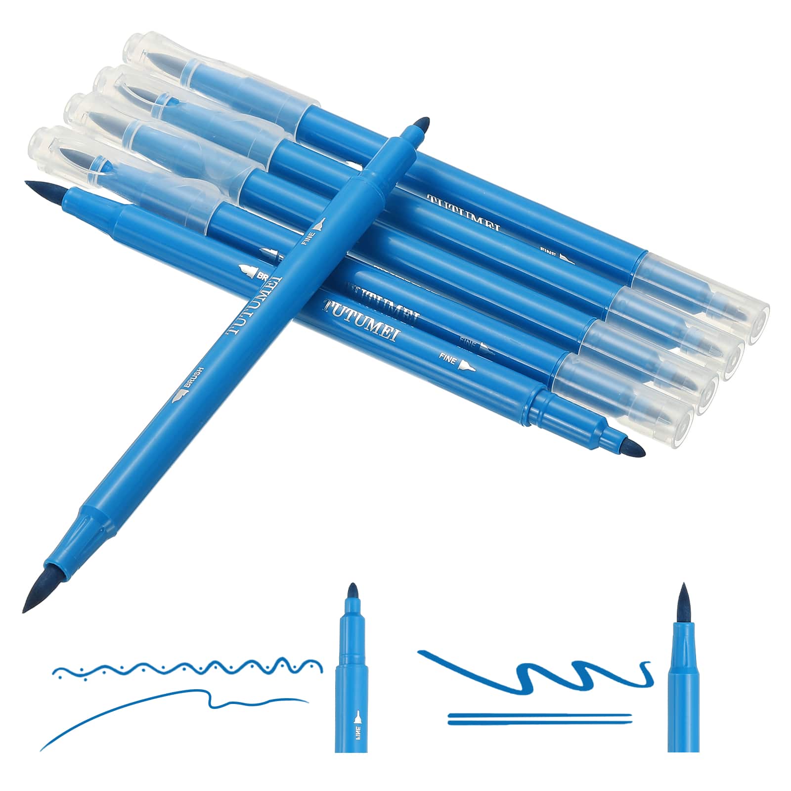 Unique Bargains - Dual Brush Markers, Fine & Brush Tip Artist Colored Marker Set 6pcs for Adult Coloring Lettering Journaling - Blue