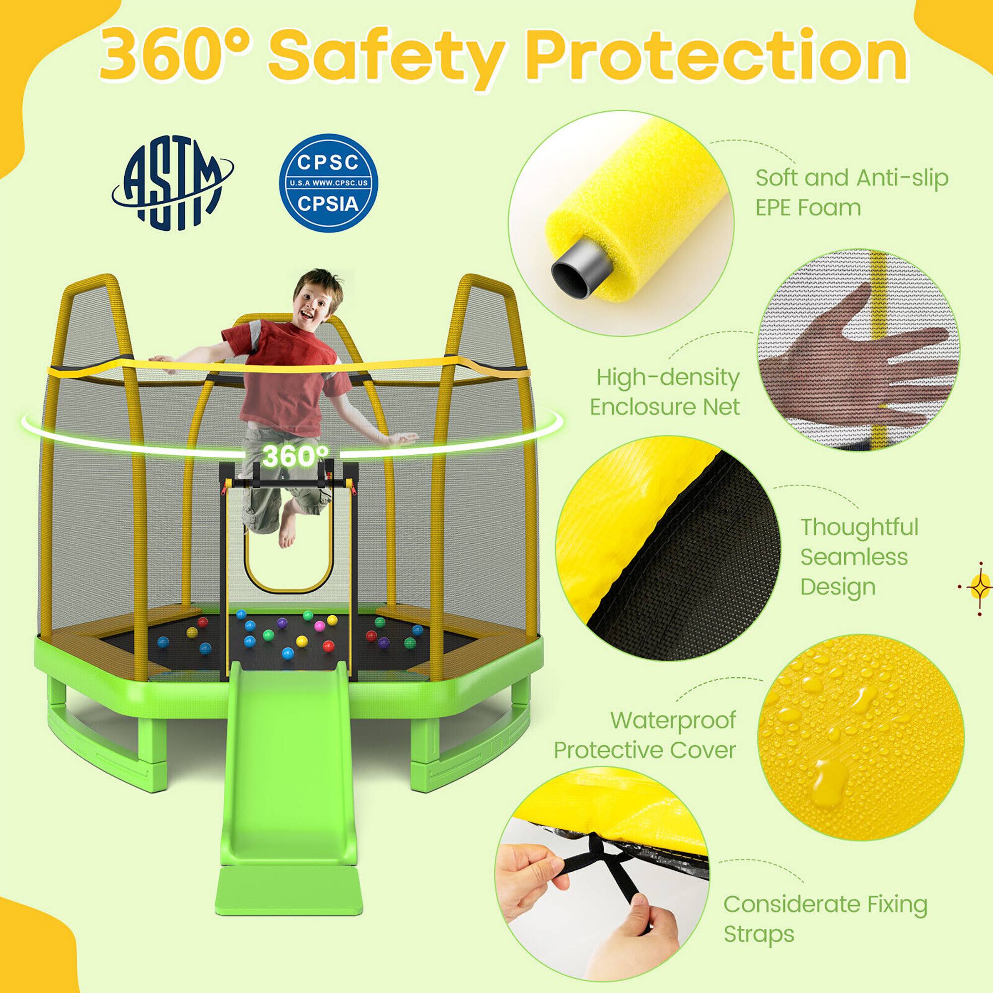 360° Safety Protection

- ASTM
- CPSC
- CPSIA

Soft and Anti-slip EPE Foam
High-density Enclosure Net
Thoughtful Seamless Design
Waterproof Protective Cover
Considerate Fixing Straps