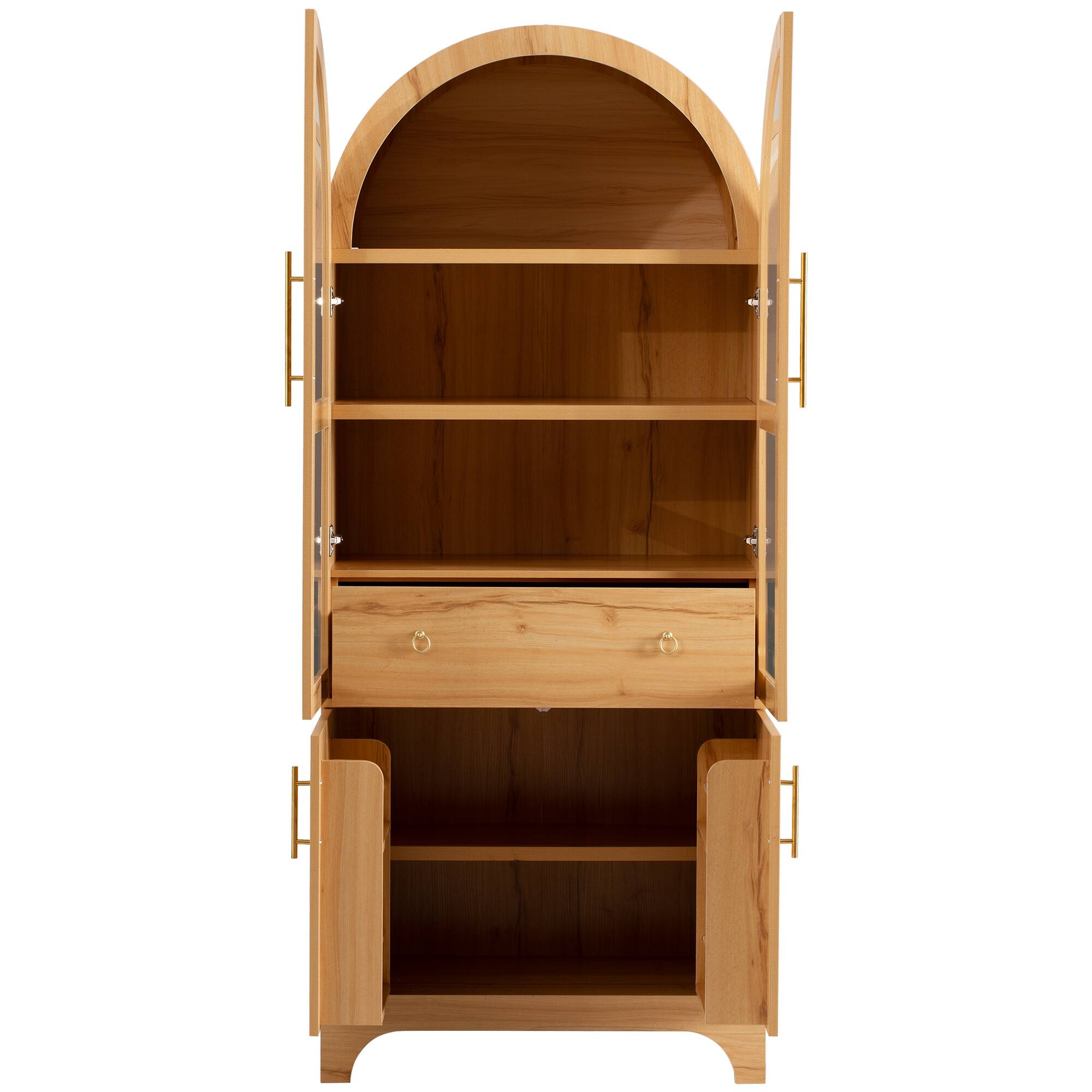 Alt View 5. Bestier - 71-Inch Arched Storage Cabinet with Door Shelves, Adjustable & Open Shelves, Hidden Drawer and Glass Door - Natural.