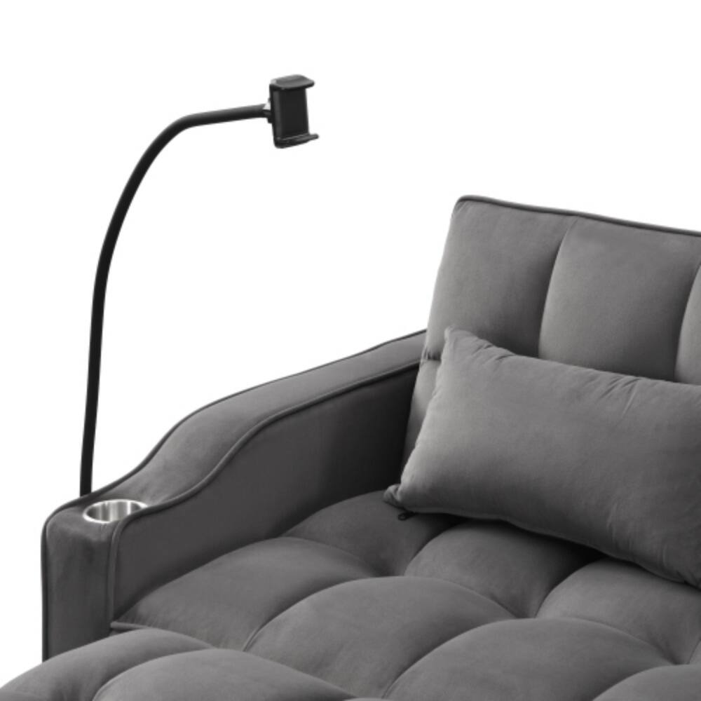 Left. LUCKY ONE - Sofa Bed w/ Trundle & Adjustable Backrest USB Ports Phone Holder 2 Pillows - Dark Gray.
