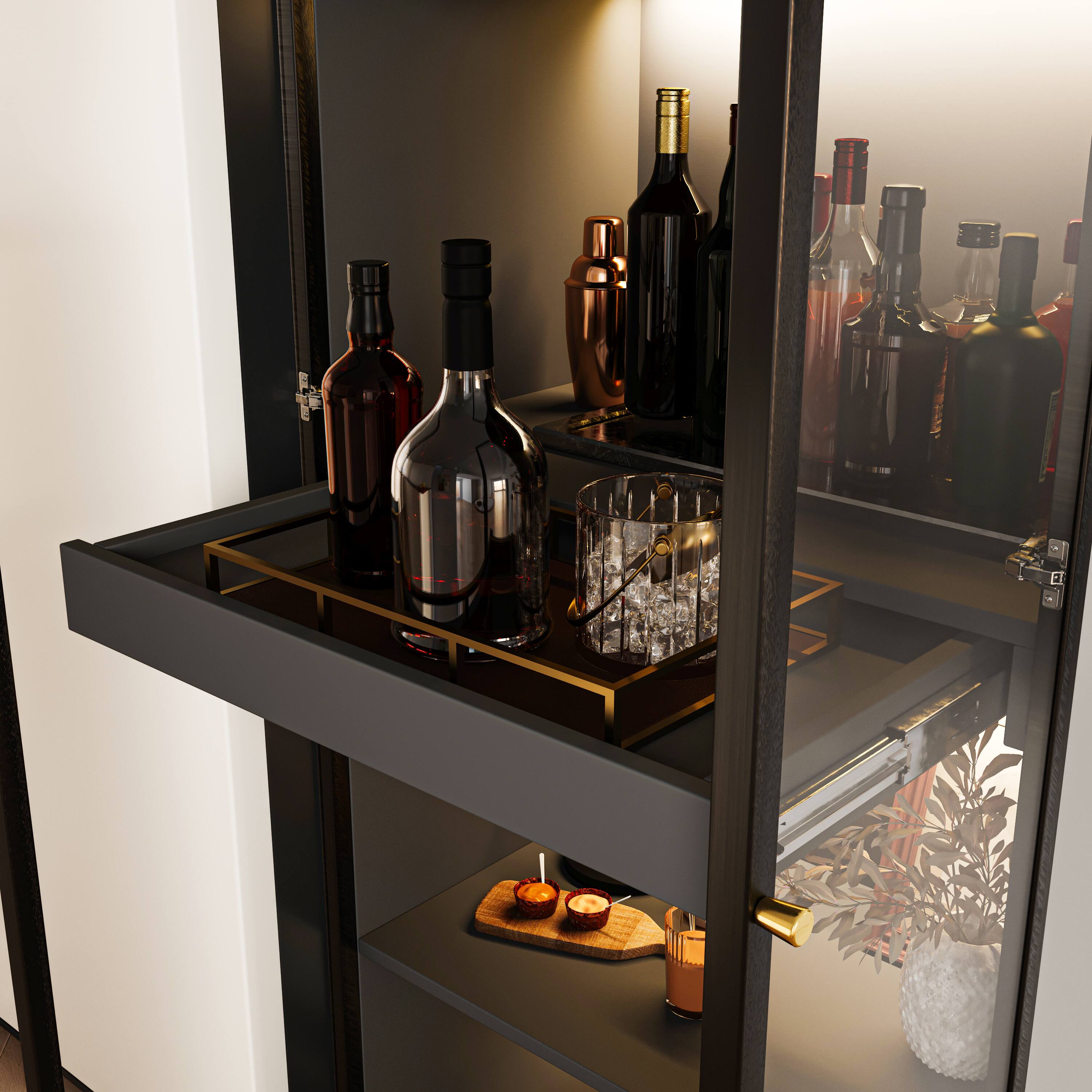 Alt View 7. MSOOB - 23.6" Glass Display China Cabinet With Pull-Out Bar Shelf, Dining Cabinet With Glass Doors and Wireless LED Light - black.