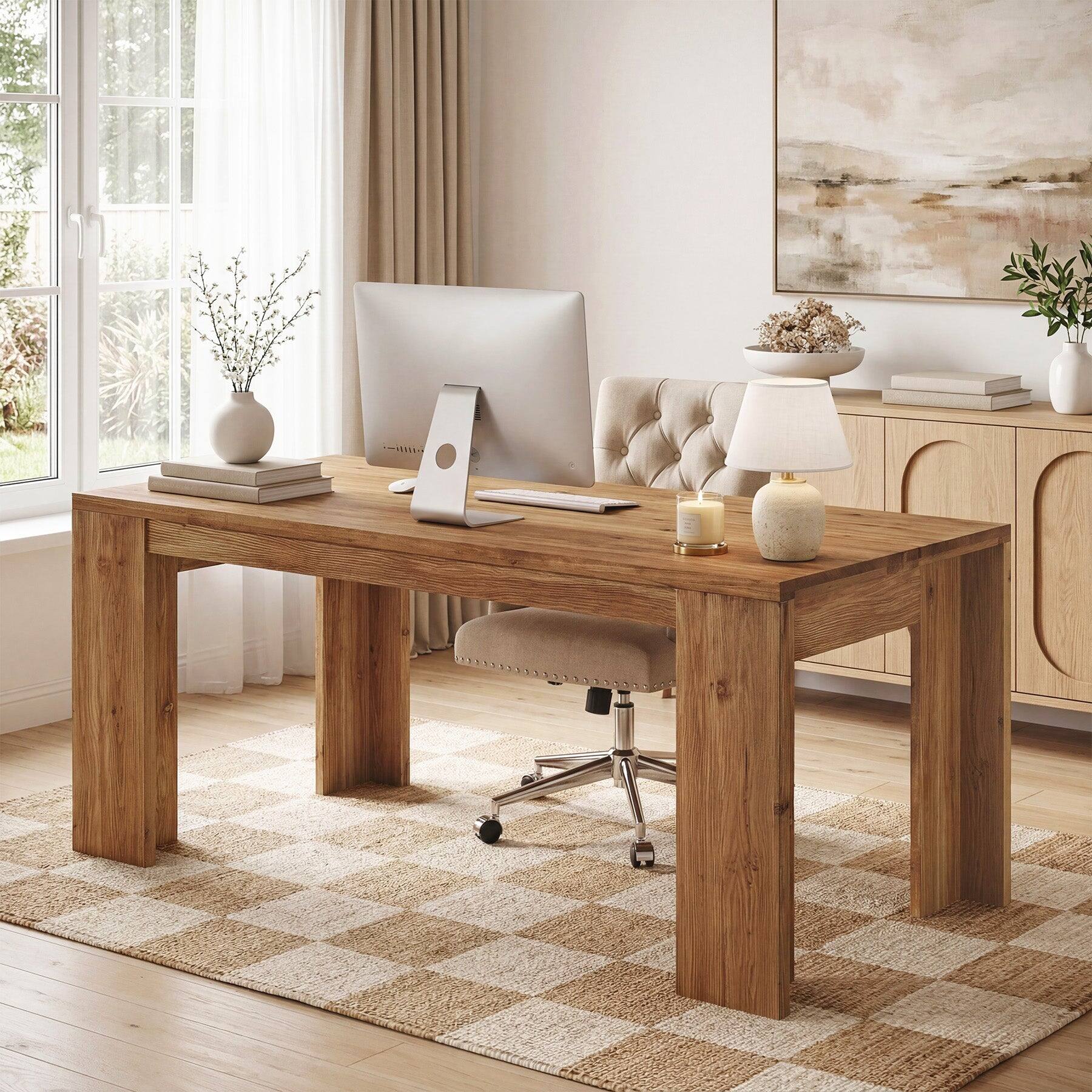 Back. Tribesigns - Office Executive Desk with Engineered Wood Construction, Rectangular Top, for Computer Work and Writing in Home Offices - Brown.