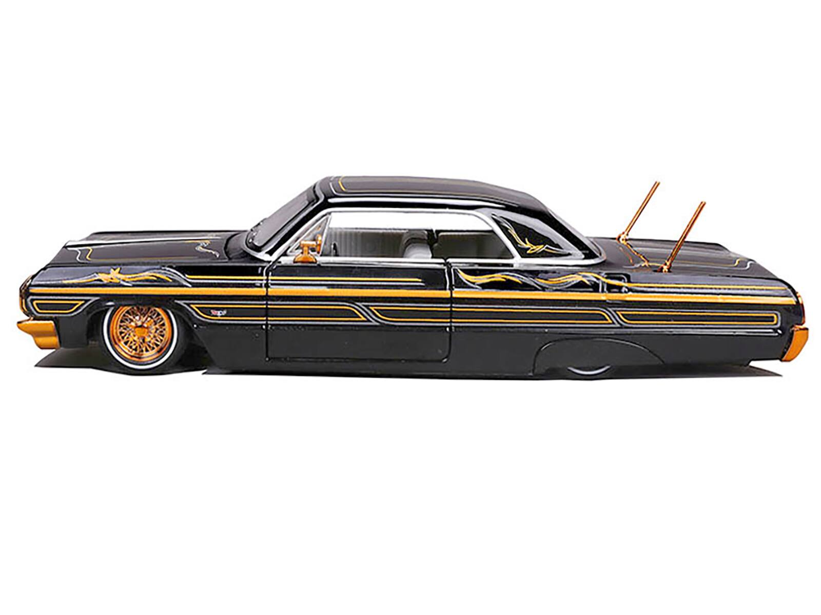 Alt View 2. Maisto - 1964 Chevrolet Impala SS Lowrider Black Metallic with Gold Graphics and Gray Interior 1/26 Die Cast Model Car by Maisto.