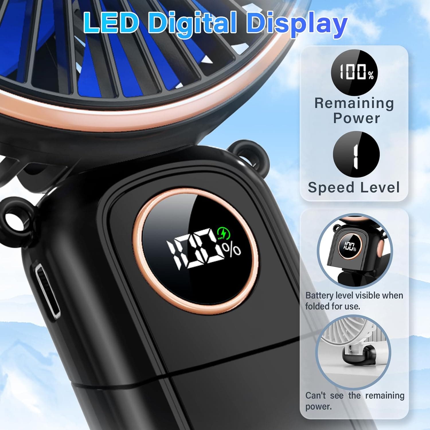 LED Digital Display

- 100% Remaining Power
- 1A Speed Level

Battery level visible when folded for use. Can't see the remaining power.