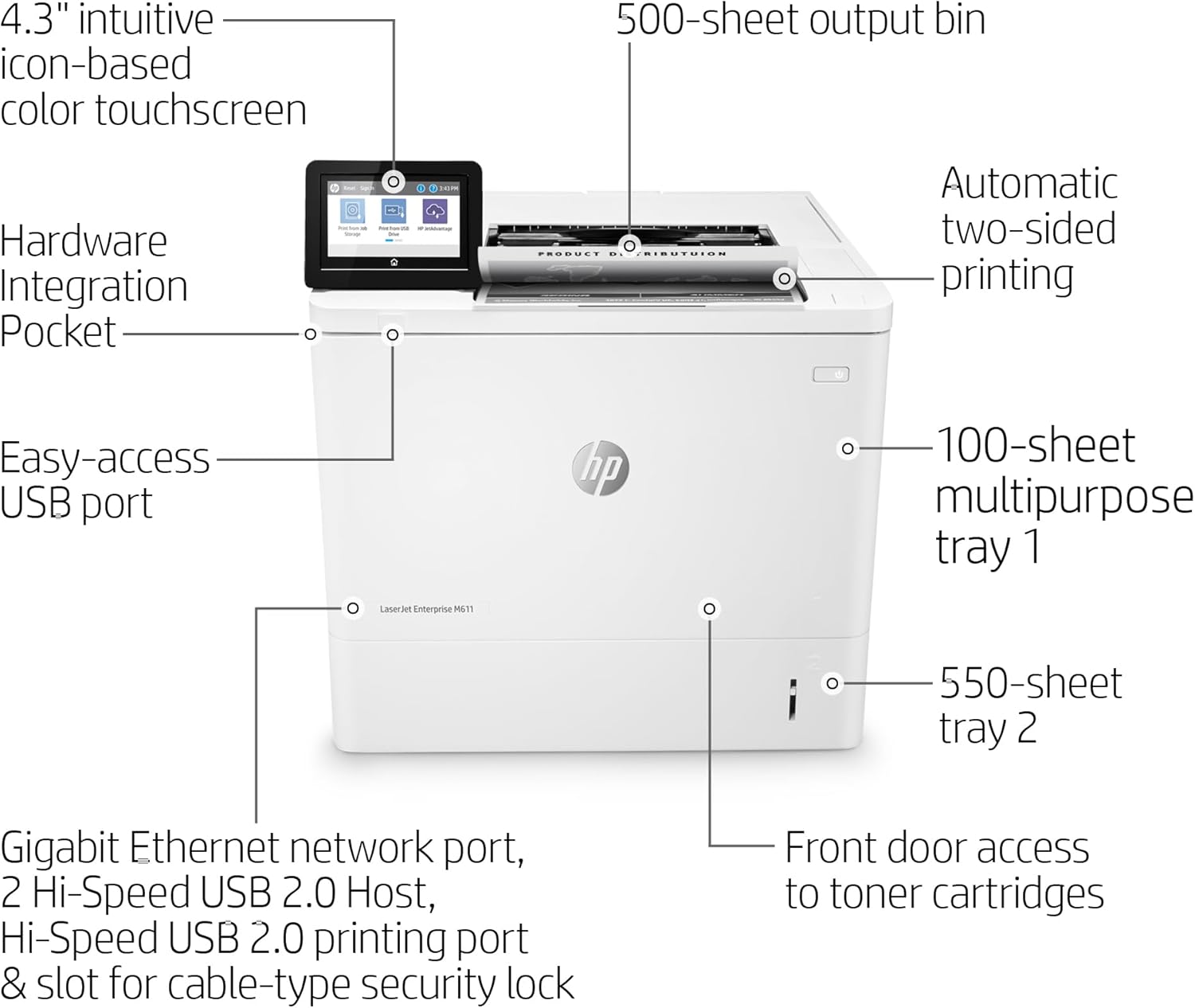 4.3" intuitive icon-based color touchscreen

Hardware Integration Pocket

Easy-access USB port

500-sheet output bin

Automatic two-sided printing

100-sheet multipurpose tray 1

550-sheet tray 2

Gigabit Ethernet network port, 2 Hi-Speed USB 2.0 Host, Hi-Speed USB 2.0 printing port & slot for cable-type security lock

Front door access to toner cartridges