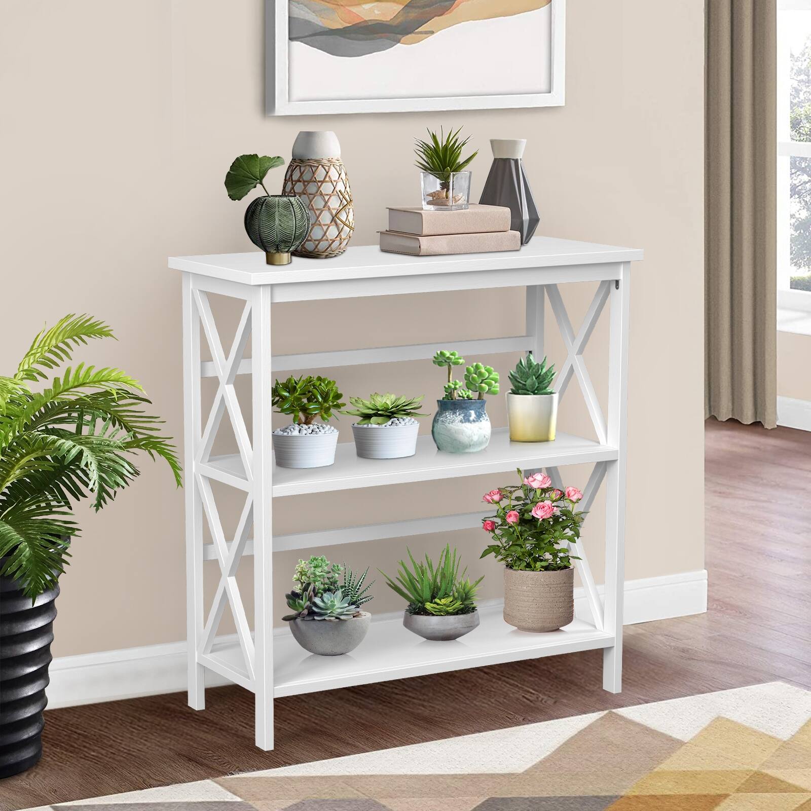 Alt View 1. Ecooso - 3-Tier Wooden X-Design Bookshelf with Multi-Functional Storage Shelves - White.