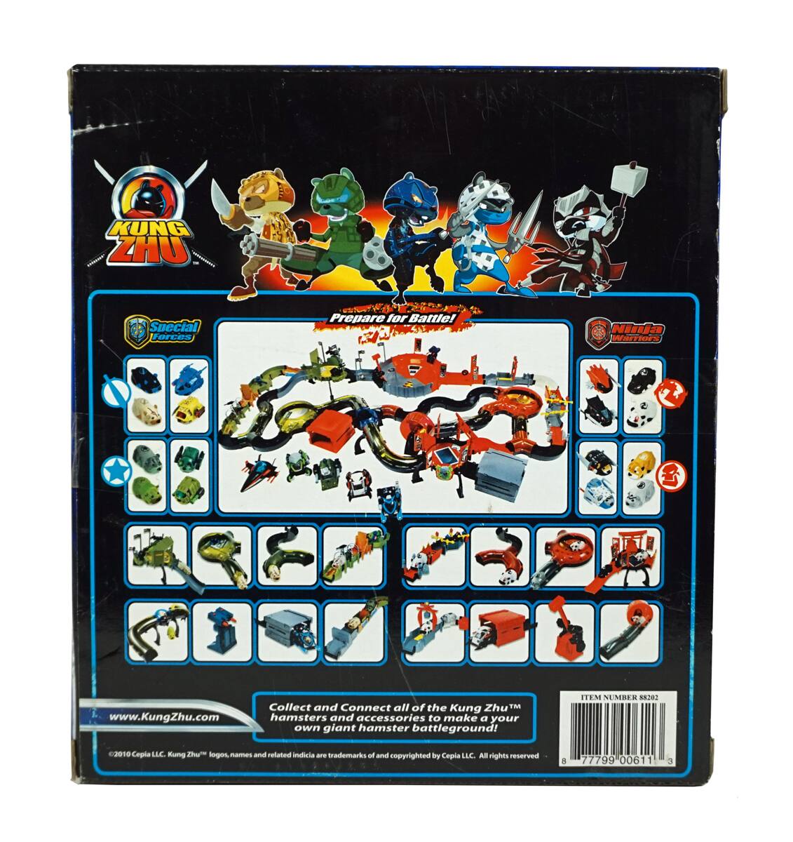 KUNG ZHU Special Forces  
Prepare for Battle!  
Ninja Warriors  
Collect and Connect all of the Kung Zhu™ hamsters and accessories to make your own giant hamster battleground!  
www.KungZhu.com  

IEM NUMBER 202 2019  
Cepia LLC. Kung Zhu™ logos, names and related indicia are trademarks of and copyrighted by Cepia LLC. All rights reserved.  

© 2010 Cepia LLC. Kung Zhu™ logos, names and related indicia are trademarks of and copyrighted by Cepia LLC. All rights reserved.  
8 77799 00611