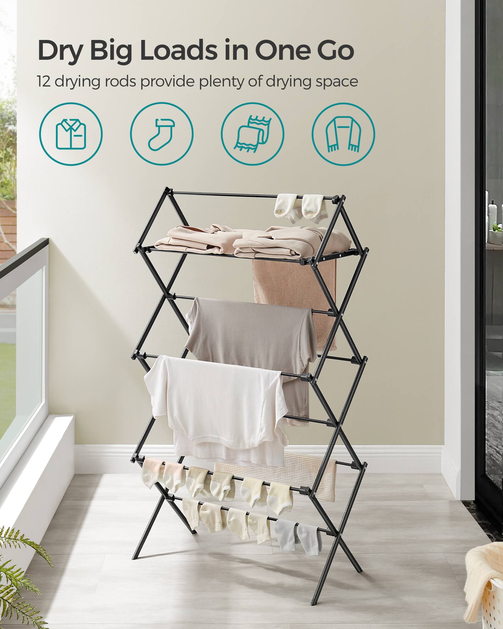 Dry Big Loads in One Go  
12 drying rods provide plenty of drying space