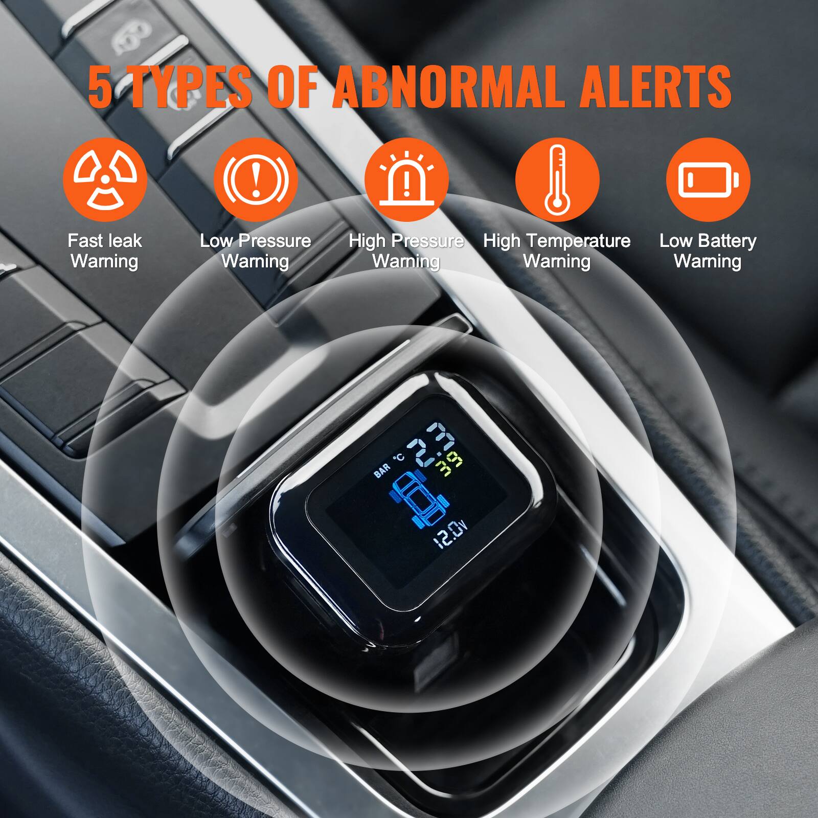5 TYPES OF ABNORMAL ALERTS

- Fast leak Warning
- Low Pressure Warning
- High Pressure Warning
- High Temperature Warning
- Low Battery Warning

5 3 C 8 BAR 3 12.0v