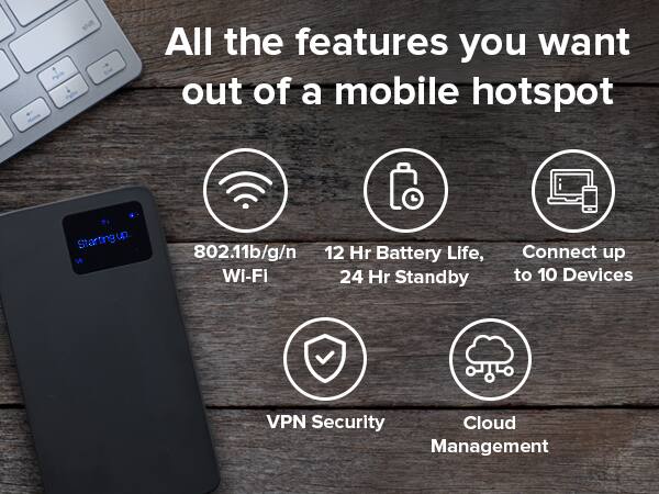 All the features you want out of a mobile hotspot

- 802.11b/g/n Wi-Fi
- 12 Hr Battery Life, 24 Hr Standby
- Connect up to 10 Devices
- VPN Security
- Cloud Management
