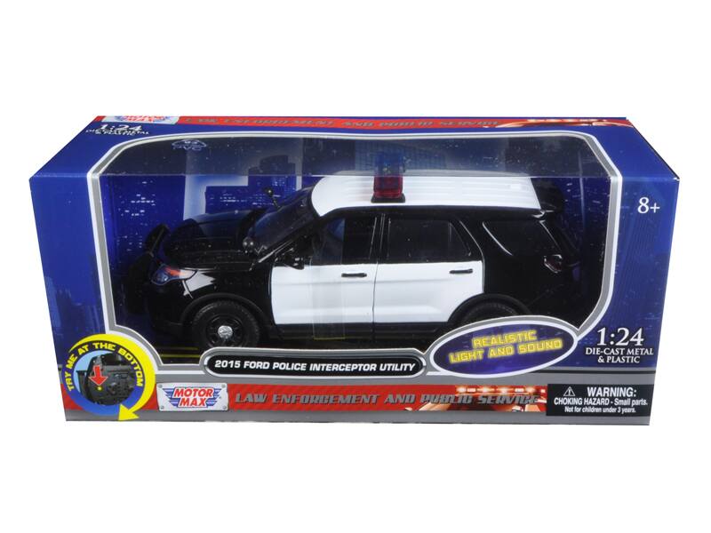 1:24 REALISTIC LIGHT & SOUND DIE-CAST METAL & PLASTIC 2015 FORD POLICE INTERCEPTOR UTILITY MOTOR MAX LAW ENFORCEMENT AND PUBLIC SERVICE WARNING: CHOKING HAZARD Small parts. Not for children under 3 years.